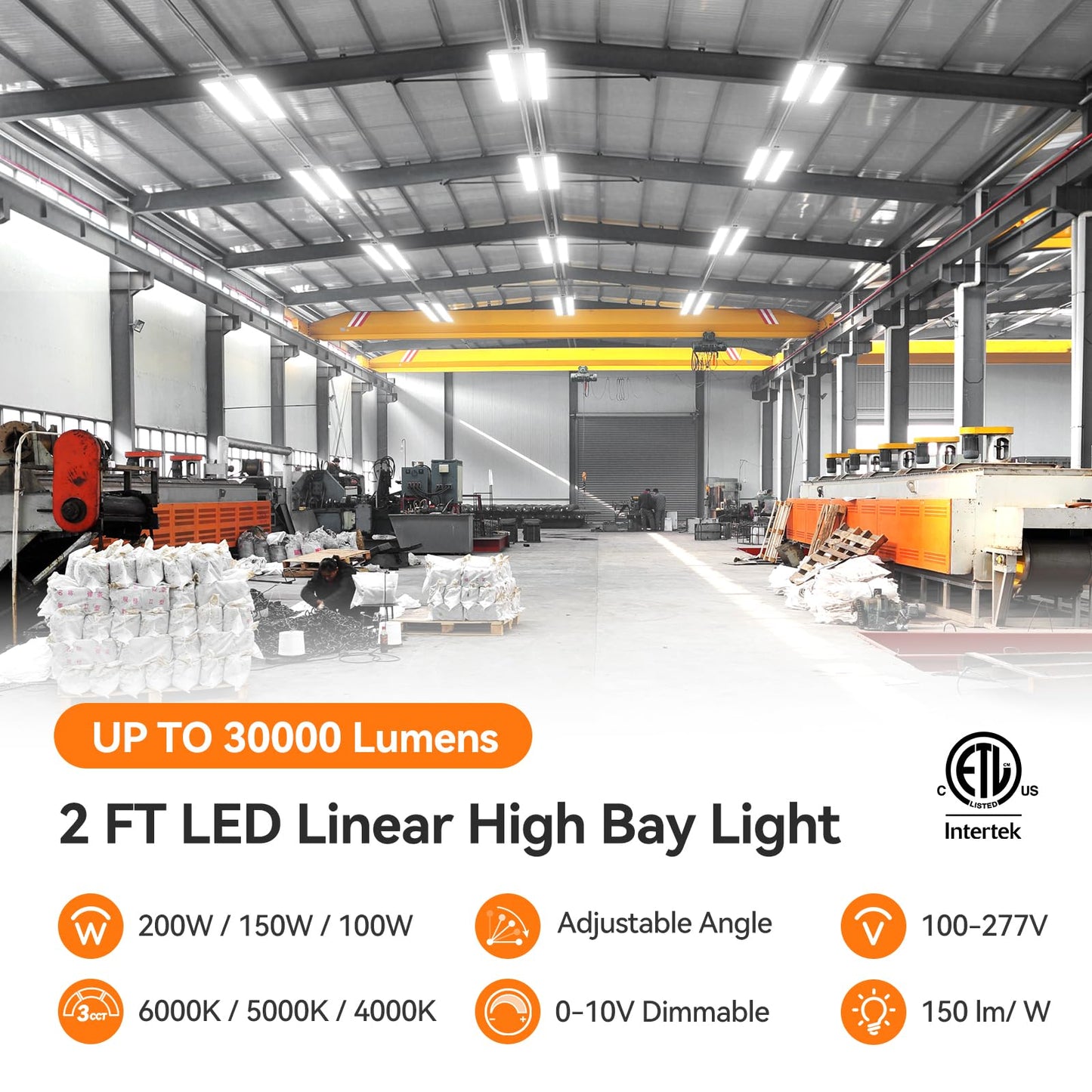 Comiled 2FT Linear High Bay Shop Lights, 200W/150W/100W & 6000K-5000K-4000K Selectable, 30000lm, 0-10V dimmable, 100-277V, Adjustable Tilt Hanging Light Fixture for Warehouse, Workshop, ETL, 2-Pack