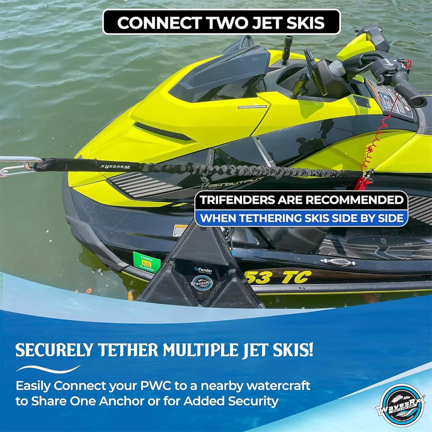 WAVESRX DockingPal™ - Premium Flat Bungee Dock Lines for Boats I Elastic Boat Dock Rope with Stainless Steel Carabiners | Stretches from 3' to 5' | Absorbs Shocks Prevent Damage to Jet Ski & PWC