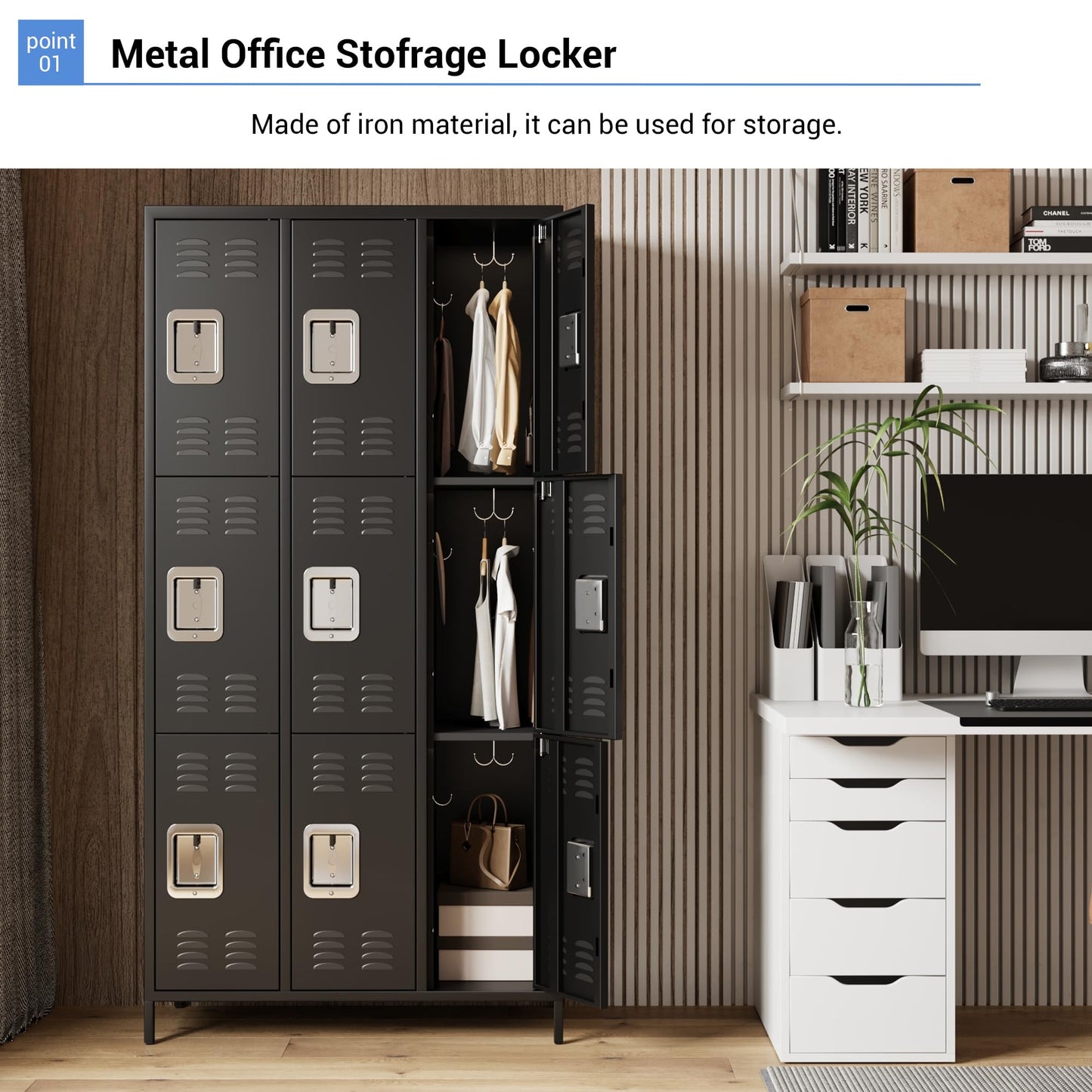 GAOMON Locker for Employees, 9 Doors Locker Cabinet with Hooks, Storage Locker for Home, Office, Gym, School, Assembly Required, Black