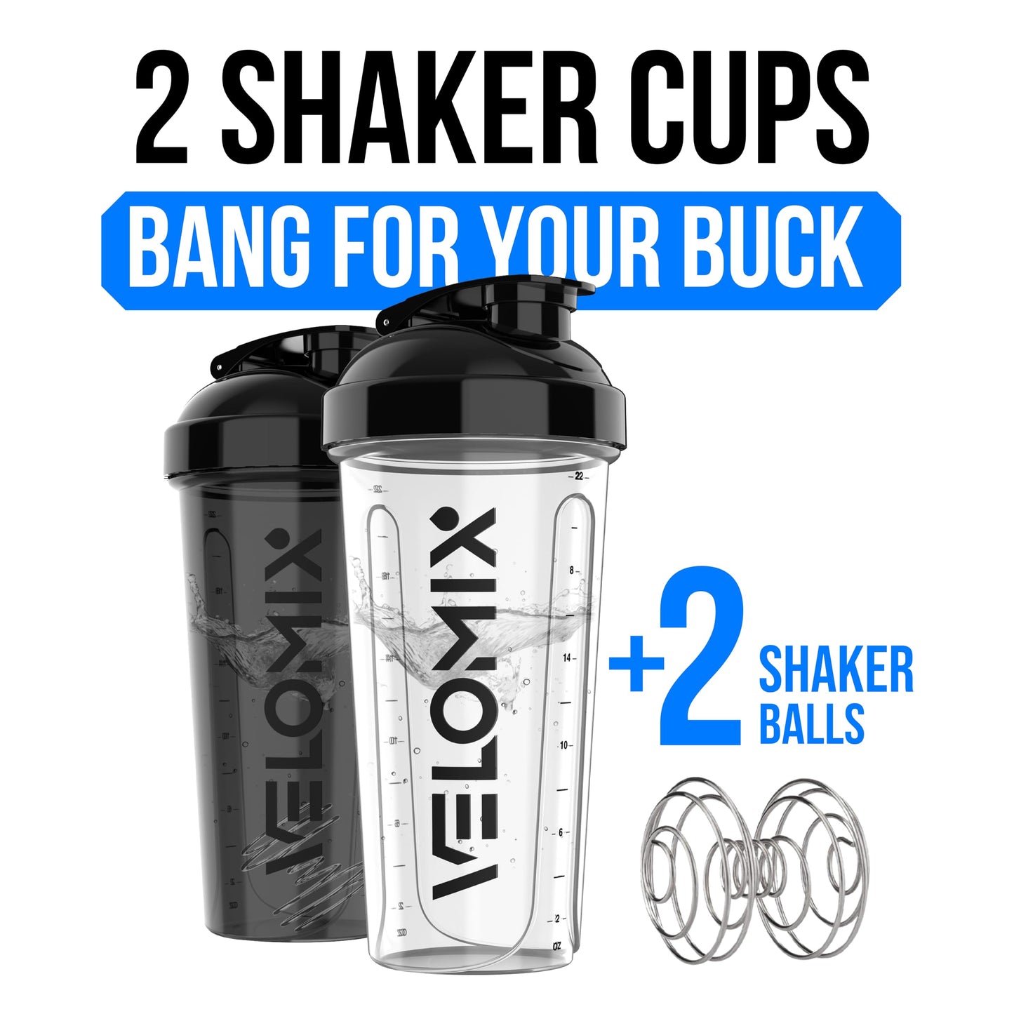 VELOMIX -2 Pack- 28 oz Protein Shaker Bottles for Protein Mixes - 2x Wire Whisk | Leak Proof Shaker Cups for Protein Shakes | Protein Shaker Bottle Pack (Black/Transparent)