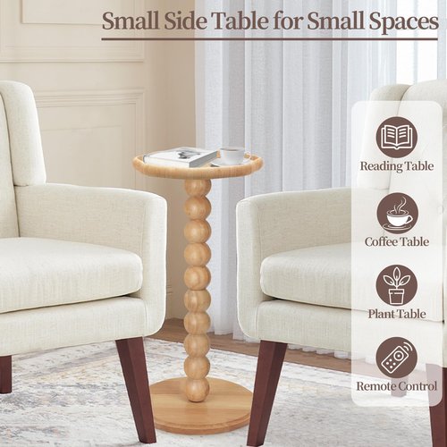 FASNAHOK Drink Table, Boho Rattan Flower Small Side Table for Small Spaces, Solid Wood Modern Nightstand for Living Room, Bedroom, Farmhouse, Corners