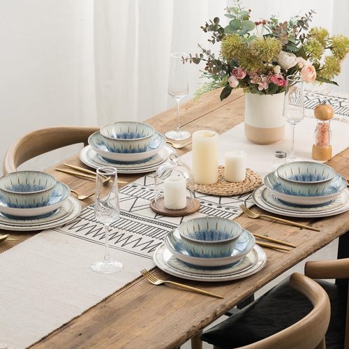 MissYip Melamine Dinnerware Set, 16 Piece for 4, Unbreakable Kitchen Plastic Plates and Bowls set, Indoor and Outdoor Use Tableware, BPA Free, Dishwasher Top Safe, Not Microwave, Not Oven(Blue)