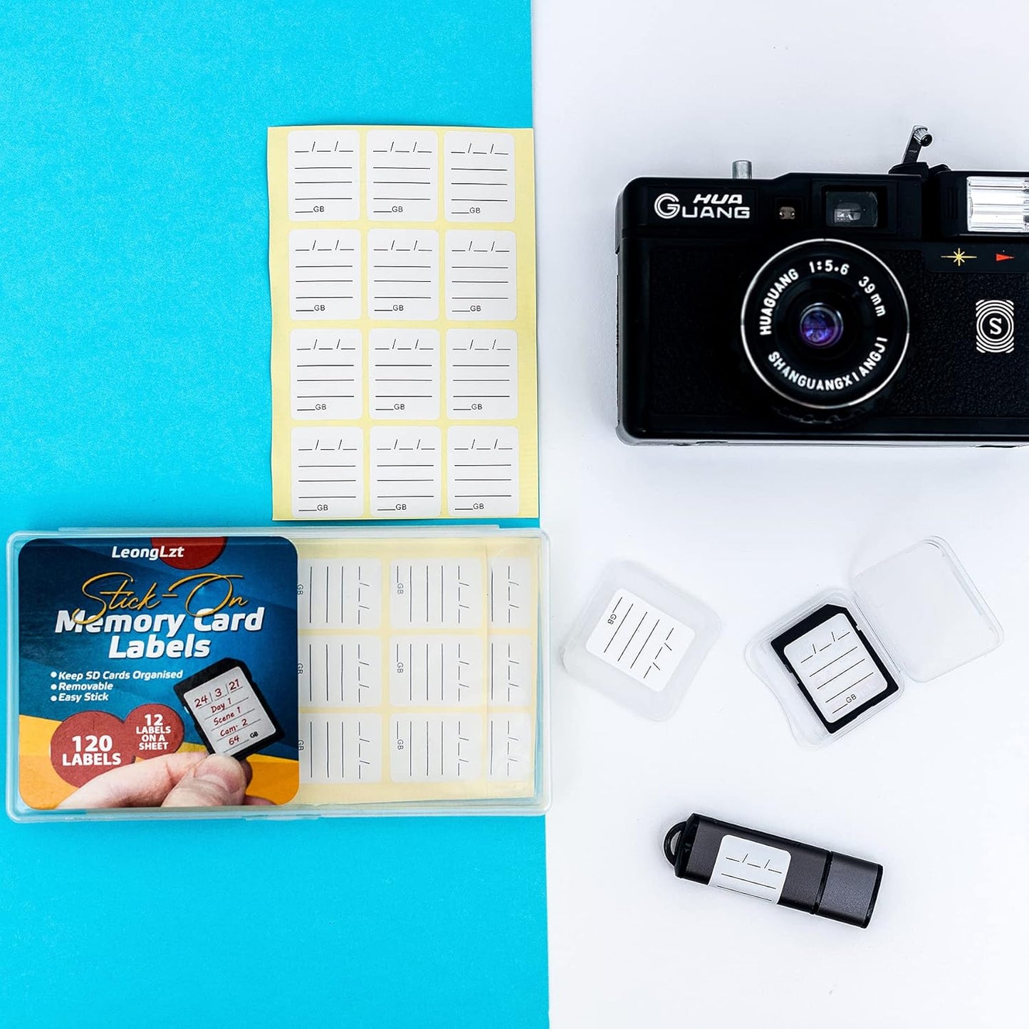 LeongLzt (120 Count) 6 SD Card Label Stickers/Flash Drive Labels with Free SD Card Cases & a Storage Box - Stick-On