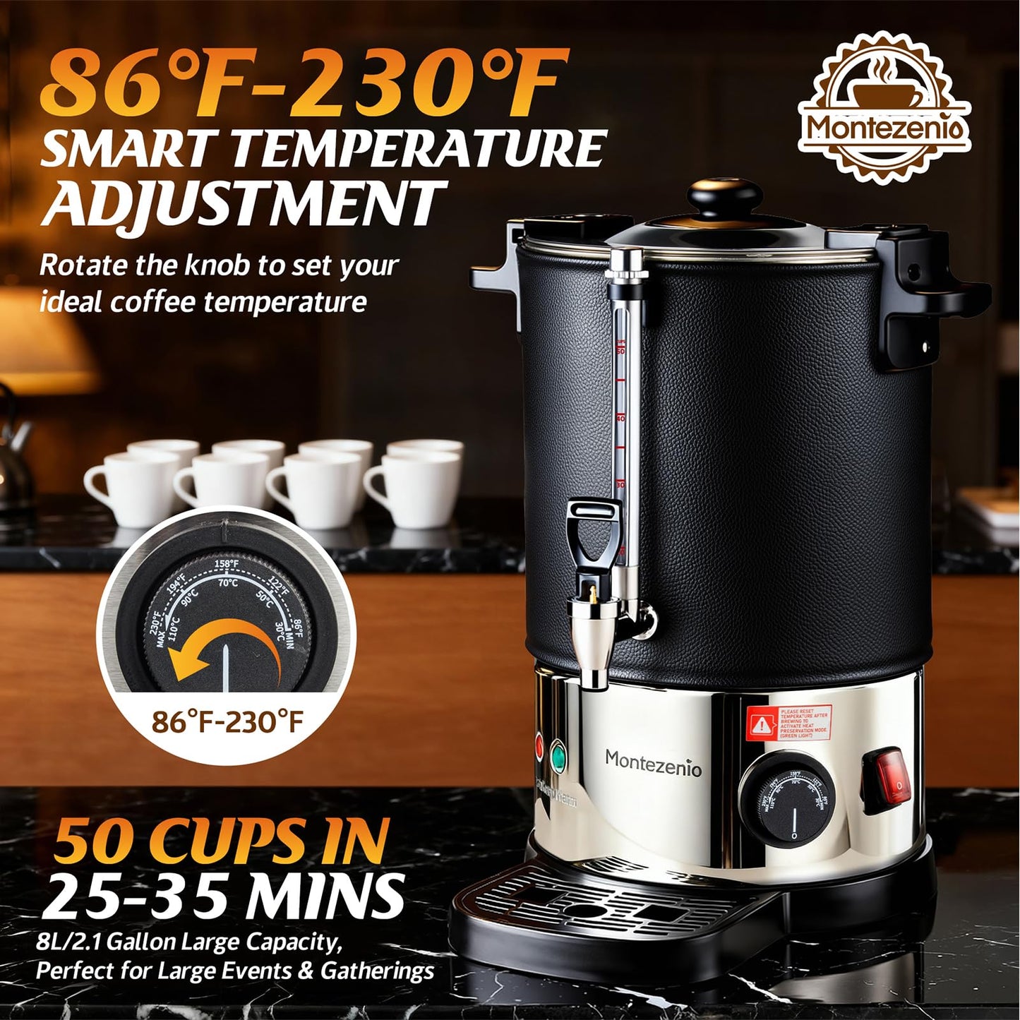 50 Cup Commercial Coffee Urn with Temp Control, 1200W Extra Large Coffee Maker Double Insulated 304 Stainless Steel Coffee Dispenser Hot Water Urn with for Home Party Office Catering (8L/50cups)