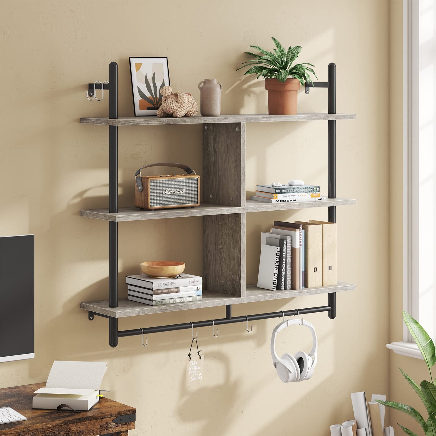 Bestier Floating Pipe Shelving Kitchen Shelves Wall Mounted 3 Tier Ladder Coffee Bar Shelf 3 Tier Bundle, Retro Grey