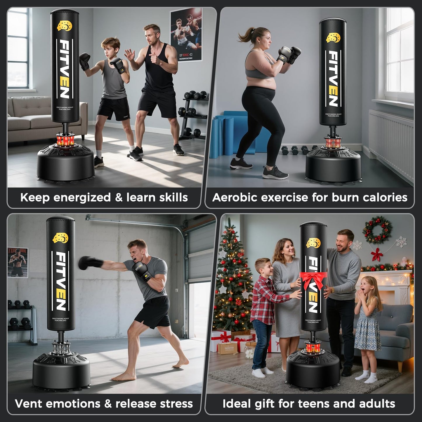 FITVEN Freestanding Punching Bag 70''-190lbs with Boxing Gloves Heavy Boxing Bag with Suction Cup Base - Men Stand Kickboxing Bag for Home Office