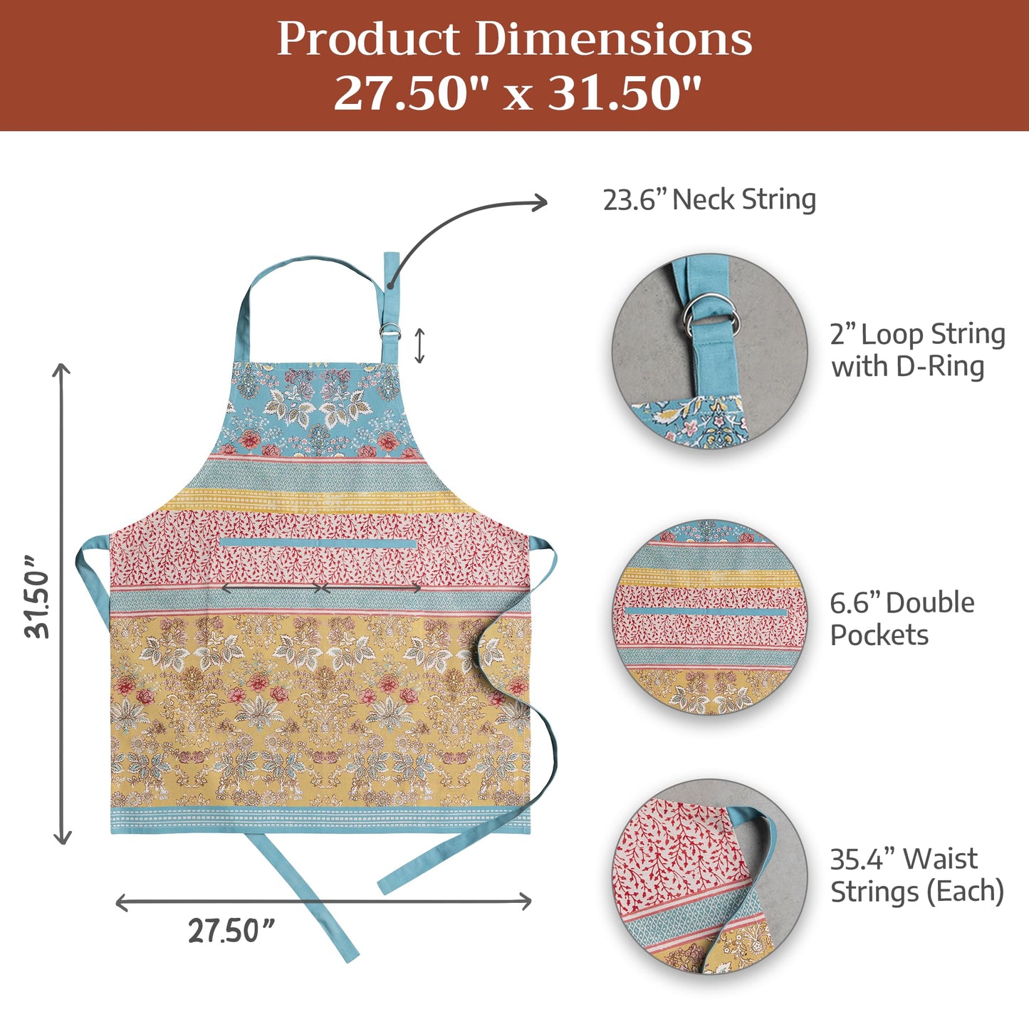Maison d' Hermine Apron for women with Pocket 100% Cotton 27.50"x31.50" 1 Piece Adjustable Neck Strap & long ties Apron Men, Chef, Wedding, Cooking, Gardening, Server Spring/Summer (Marquise)