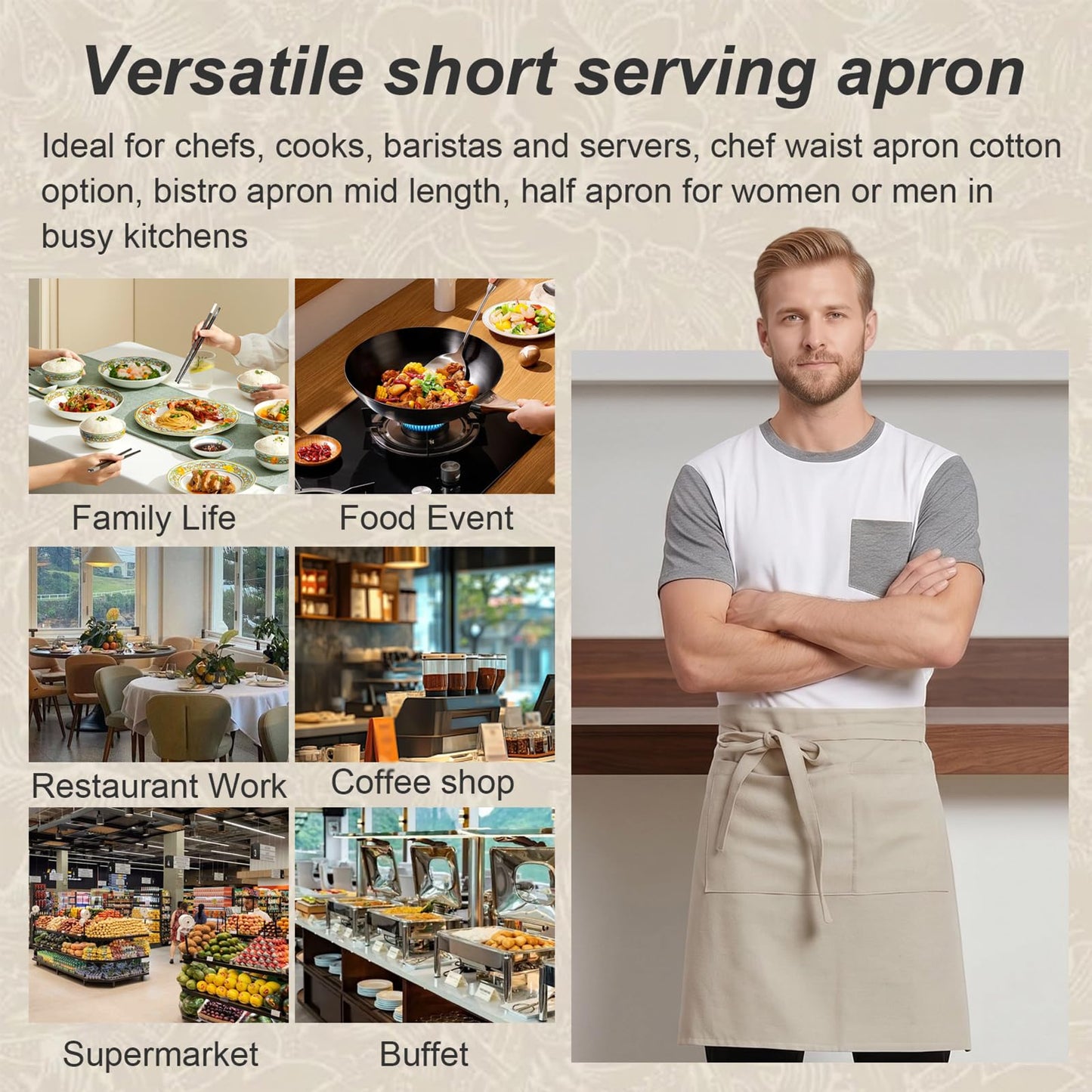 Cityelf Half Apron for Women Men Cotton Linen with 2 Large Pockets Waist Short Bistro Server Aprons Waiter Waitress Unisex