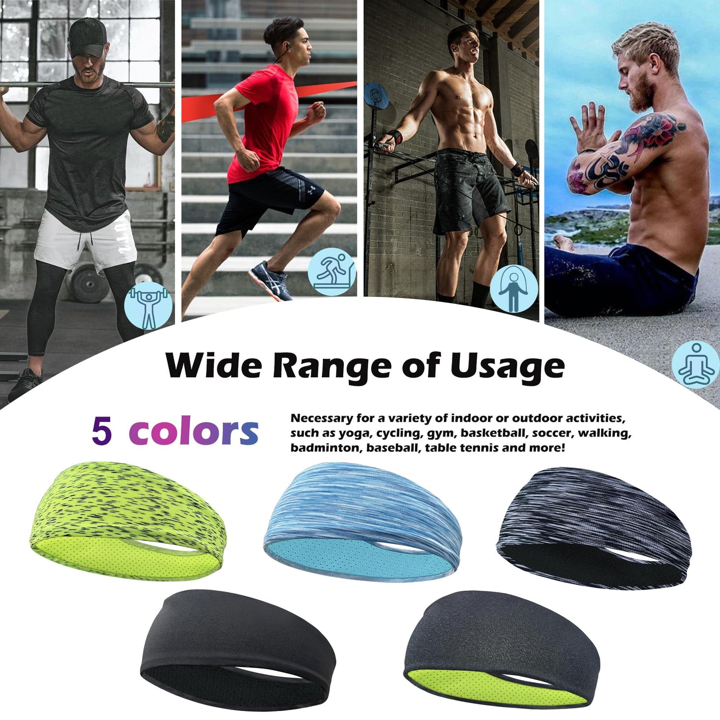 5 Pack Sports Headband for Men, Thin Breathable Design, Reused & Washed Mens Headband Sweat Bands for Running Yoga Football Fitness Workout