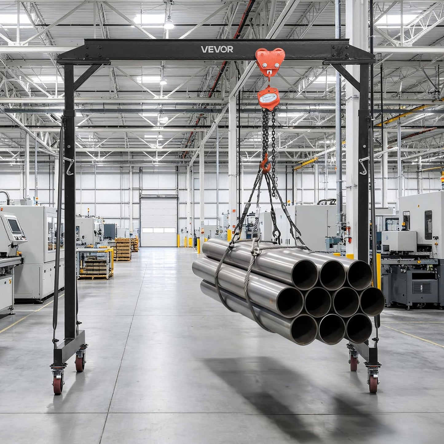VEVOR Adjustable Gantry Crane, 4400 lbs Capacity, Portable Shop Lift Hoist with 99.6-146.9 in Height Adjustable, Manual Trolley, Hoist, Sling, Shackles, Hooks, for Garage Factory Warehouse Auto Repair