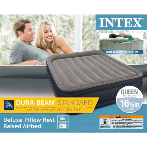 Intex Dura-Beam Standard Series Deluxe Pillow Rest Raised Airbed w/Soft Flocked Top for Comfort, Built-in Pillow & Electric Pump, Bed Height 16.5"", Queen