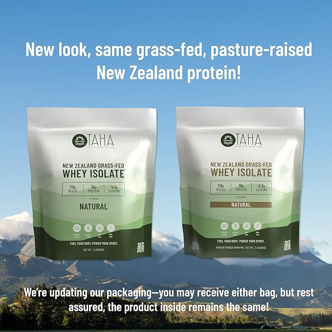 Taha Health & Nutrition Natural Unflavored Whey Protein Isolate, 30g Protein, 7.9g BCAAs, 4.3g Leucine | New Zealand Grass-Fed, Free-Range Dairy | Gluten & Soy Free, Keto, Kosher | 2LB, ~26 Servings