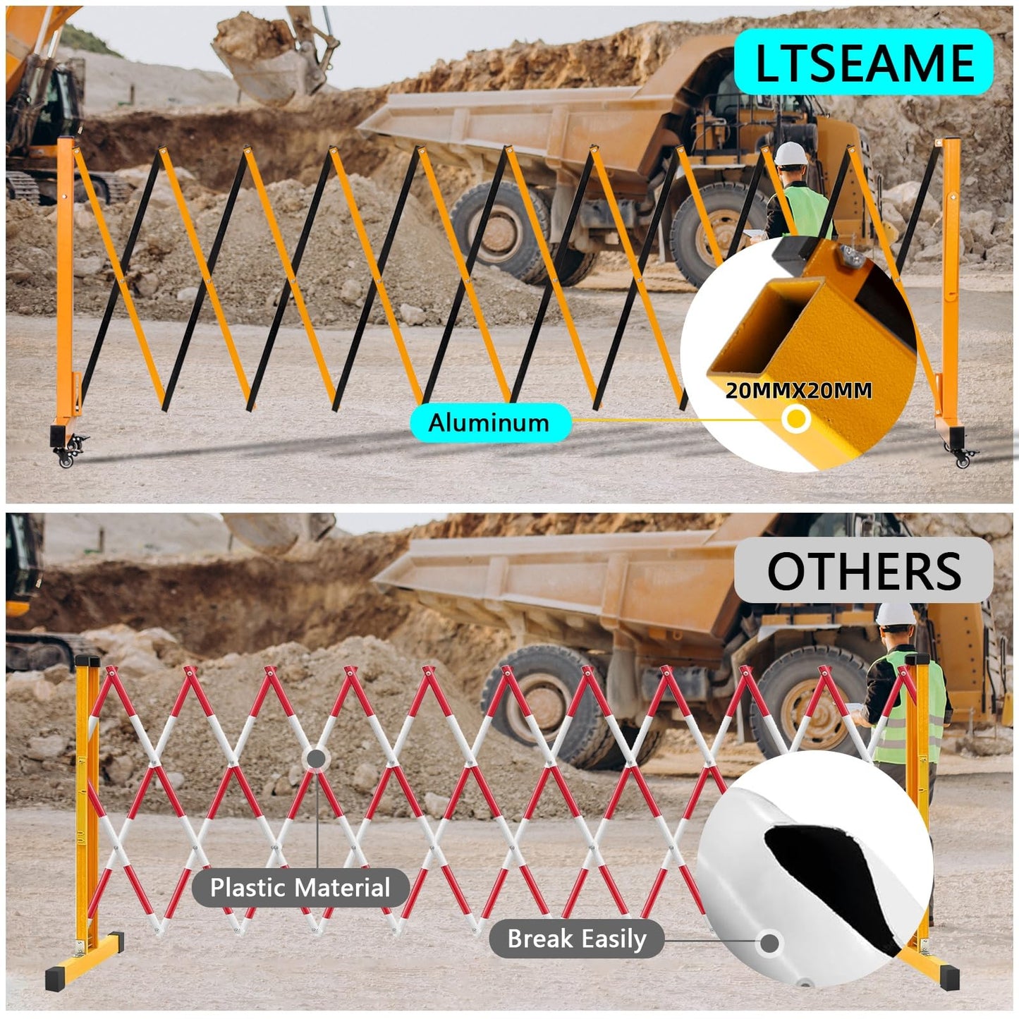 LTSEAME 11FT Industrial Expandable Barricade Folding Security Gate with Wheels,Retractable Driveway Gate with Aluminum Fence(Yellow, 11FT)