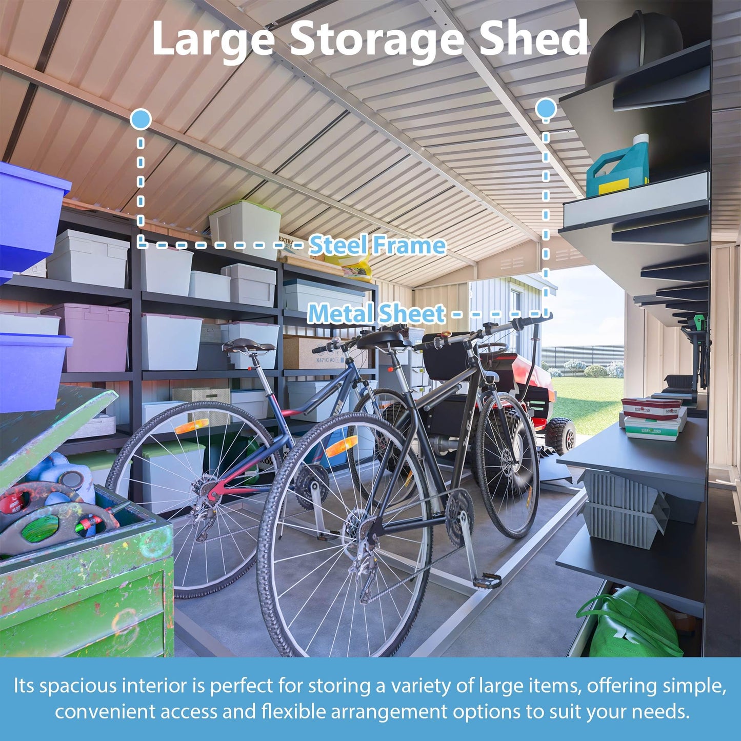 10'x14' Galvanized Steel Outdoor Storage Shed with 3 Lockable Hinged Doors & Side Access Door, 4 Top Air Vents & Built-in Raised Floor Frame, Large Garden Tool Shed, Gray