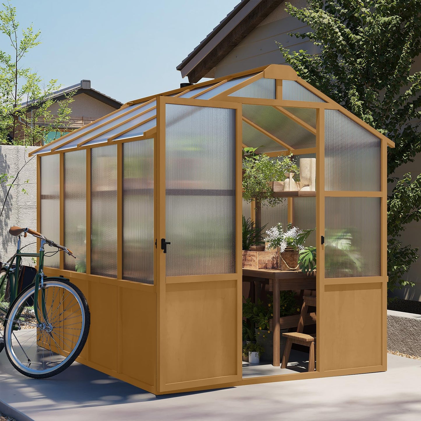 GDFStudio 6x8 FT Wooden Greenhouse for Outdoors, Walk-in Green House Kit with 6mm Polycarbonate Panels, Lockable Door, Adjustable Roof Vents, Outdoor Greenhouses for Garden Backyard Patio Lawn, Wood