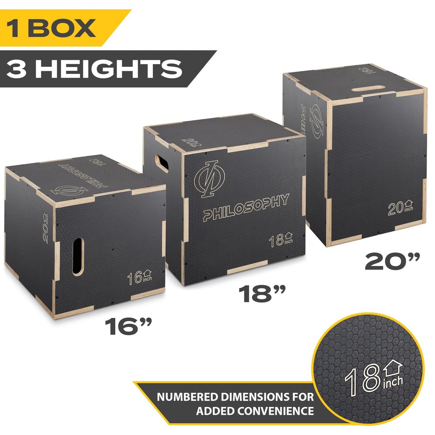 Philosophy Gym 3-in-1 Non-Slip Wooden Plyo Box - 20" x 18" x 16", Wood Plyometric Jump Box for Home Gym, HIIT, Step-Ups, and Strength Training - Gray