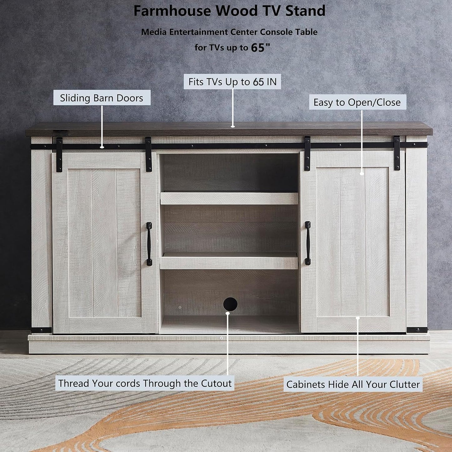 RICHSEAT Modern Farmhouse Wood TV Stand for TVs up to 65 Inch, Home Living Room Storage Table TV Stands Cabinet Doors and Shelves Entertainment Center, Stone Grey