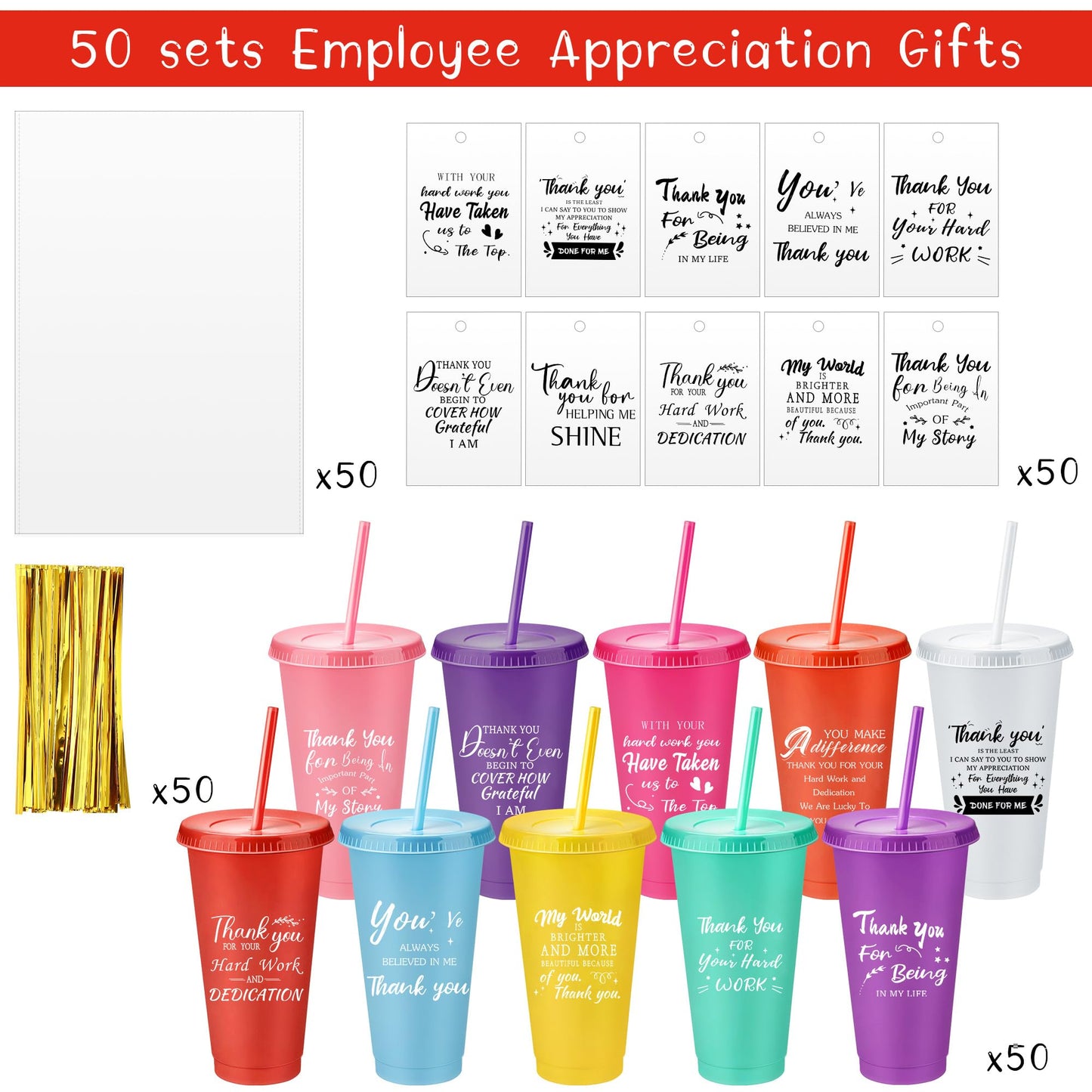 Tioncy 50 Set Employee Appreciation Gifts Bulk Team Thank You Cups 24oz Plastic Tumblers with Lids & Straws for Teacher Nurses Week 2026 Nursing Assistance Volunteer Coworker(Thank You,Multicolor)
