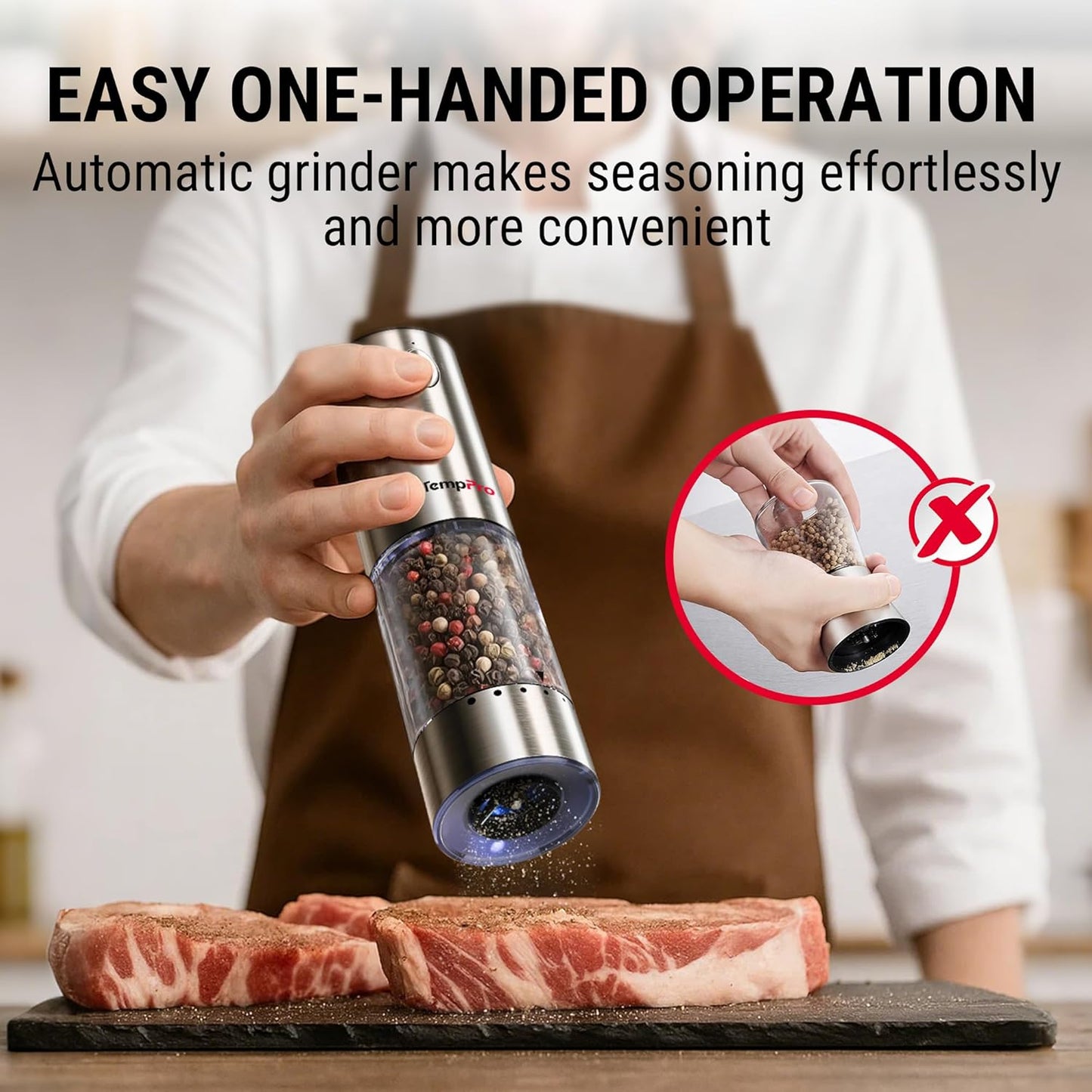 TempPro Electric Salt and Pepper Grinder Set - Rechargeable Automatic Mill with LED | 100ml, 2-Pack