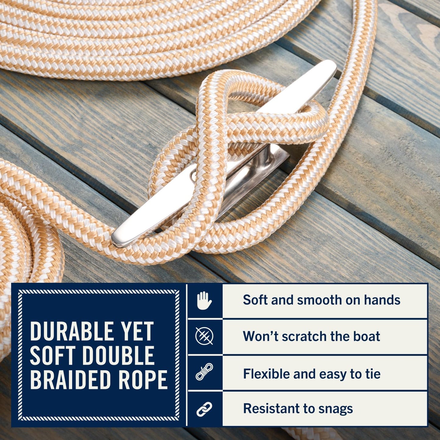 RainierSupplyCo Dock Lines - Boat Rope for Docking with Loop - 30 ft x 3/4 Inch Premium Double Braided Nylon Marine Rope - Mooring Line with 18" Eyelet - Boat Accessories - White Gold