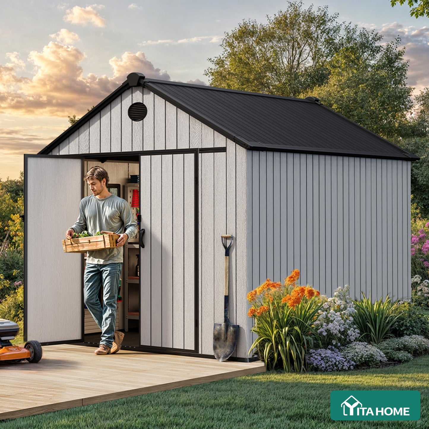 YITAHOME 8x12 FT Outdoor Storage Shed with Floor, Waterproof Extra Thick Plastic Garden Shed with Lockable Doors, 2 Vision Windows Vents, 16mm Heavy Duty Tool Shed for Bikes, Patio or Backyard, Gray