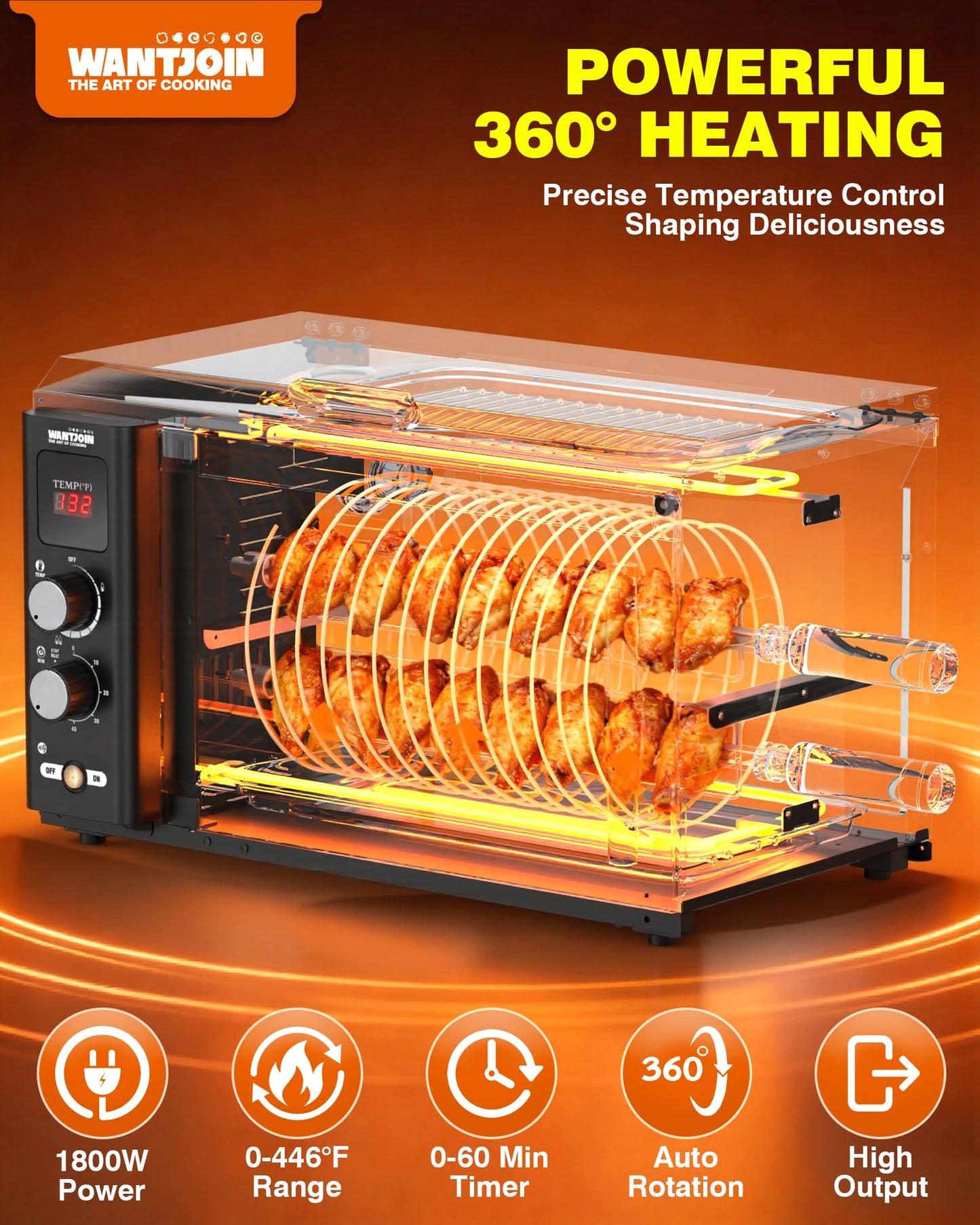 WantJoin Electric Rotisserie Oven - 37QT 3-in-1 Rotisserie Grill Oven, Dual Skewers, Grilling Rack, 360°Auto-Rotate Heating, Rotisserie Cooker Machine for Home Kitchen & Party Use,1800W