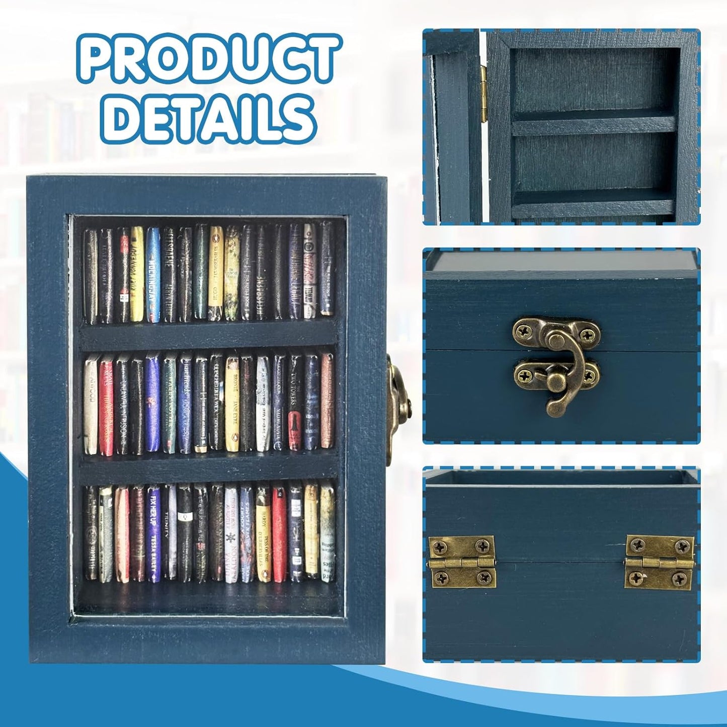 Skiennix Mini Bookshelf Ornament - Shake Away Your Anxiety | 60 Mini Books for Home Office Decor (Blue)