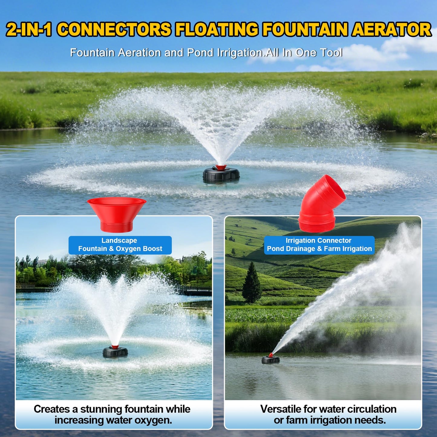 iCapeson Pond Fountain Aerator, 1HP 15000 GPH Floating Fountain Pump with Timer, 100FT Power Cord, 2x100 FT Traction Rope, Fully Automatic Powerful Aerating Fountain Water Circulation, Black