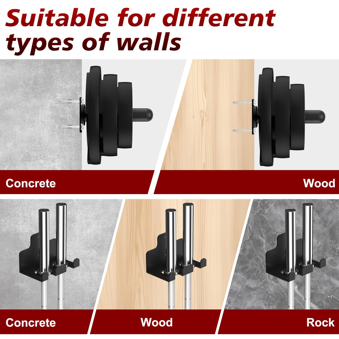 Rumoid 4 Pack Wall Mounted Weight Plate Holder and 1 Pack 2 Hooks Barbell Hanger, Weight Plate Holder for 2" Weight Plates, Vertical Barbell Holder With Protective Rubber Pad for Garage Home Gym