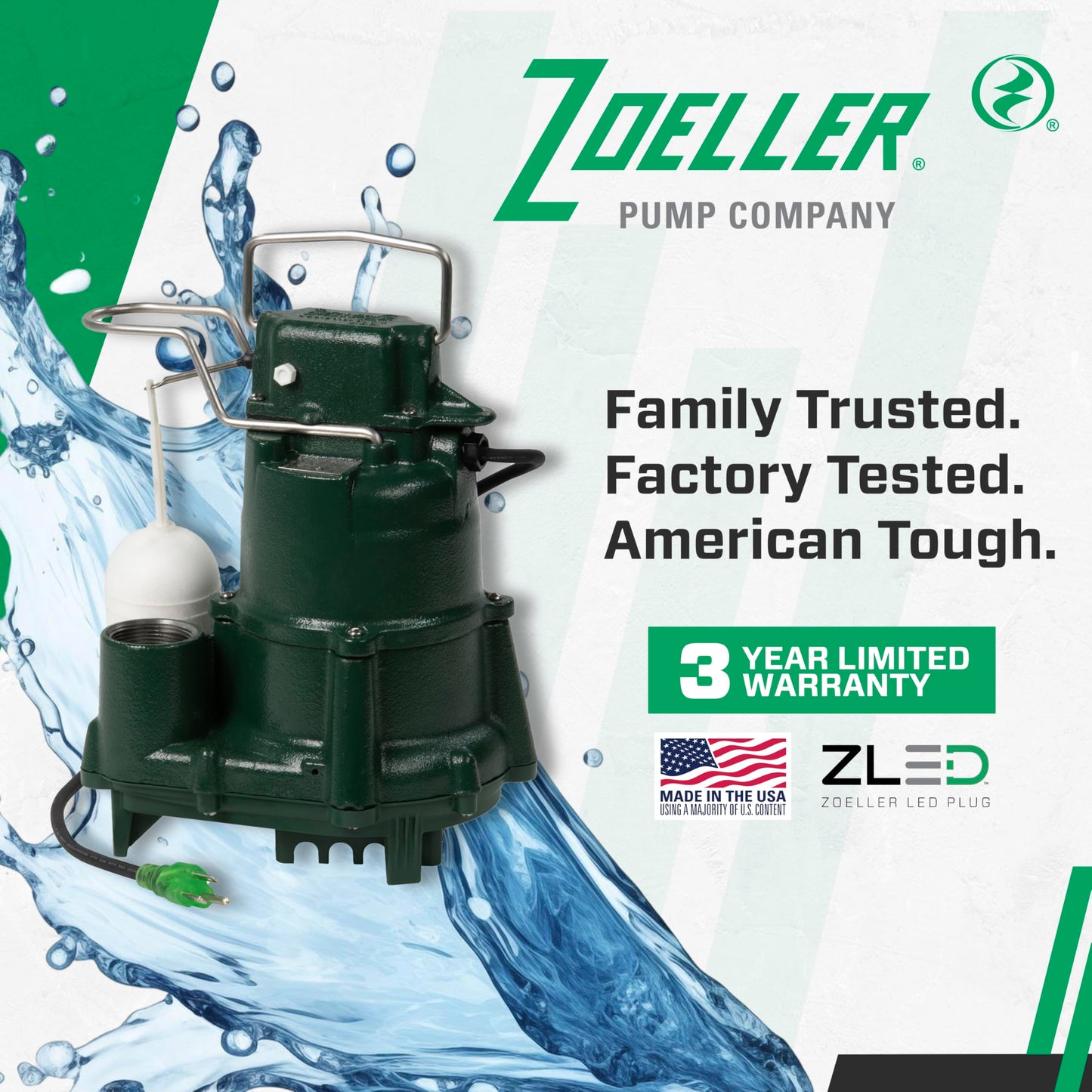 Zoeller M98 Flow-Mate Sump Pump - 1/2 HP - Cast Iron - LED Power Plug - High Flow - Vortex Impeller - Stainless Steel Hardware - Factory Tested and Float Operated - Submersible Sump Pump - 115V