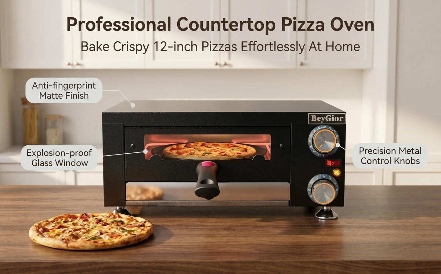 BeyGior Electric Pizza Oven Indoor,12 inch Countertop Pizza Maker with Viewing Window,Stainless Steel Commercial Pizza Oven, Removable Handle,Dual Baking Trays and Oven Mitts