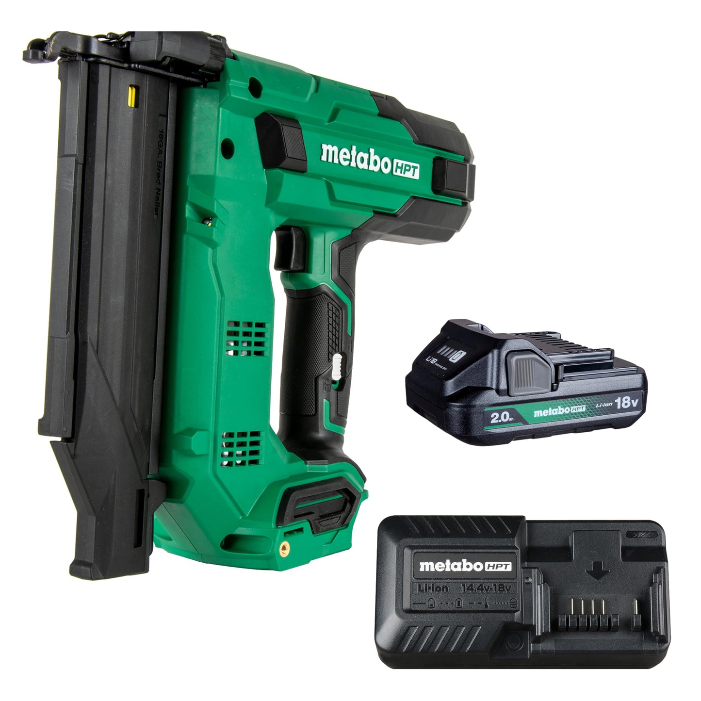 Metabo HPT 18V MultiVolt Compact Cordless Brad Nailer Kit, 18 Gauge Nailer with Power Tool 2.0Ah Lithium Ion Battery, Drives 5/8" to 2" Brad Nails, 700 per Charge, NT1850DG