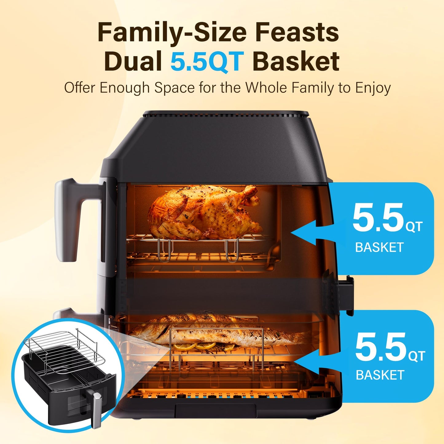 11QT Air Fryer Dual Large Basket Design (Deep Top & Long Bottom) for Whole Chicken & Ribs,430°F High-Heat Broil, 360° Rapid Circulation, 6 in 1 Preset Function, Family Meals, PFAS Free Nonstick