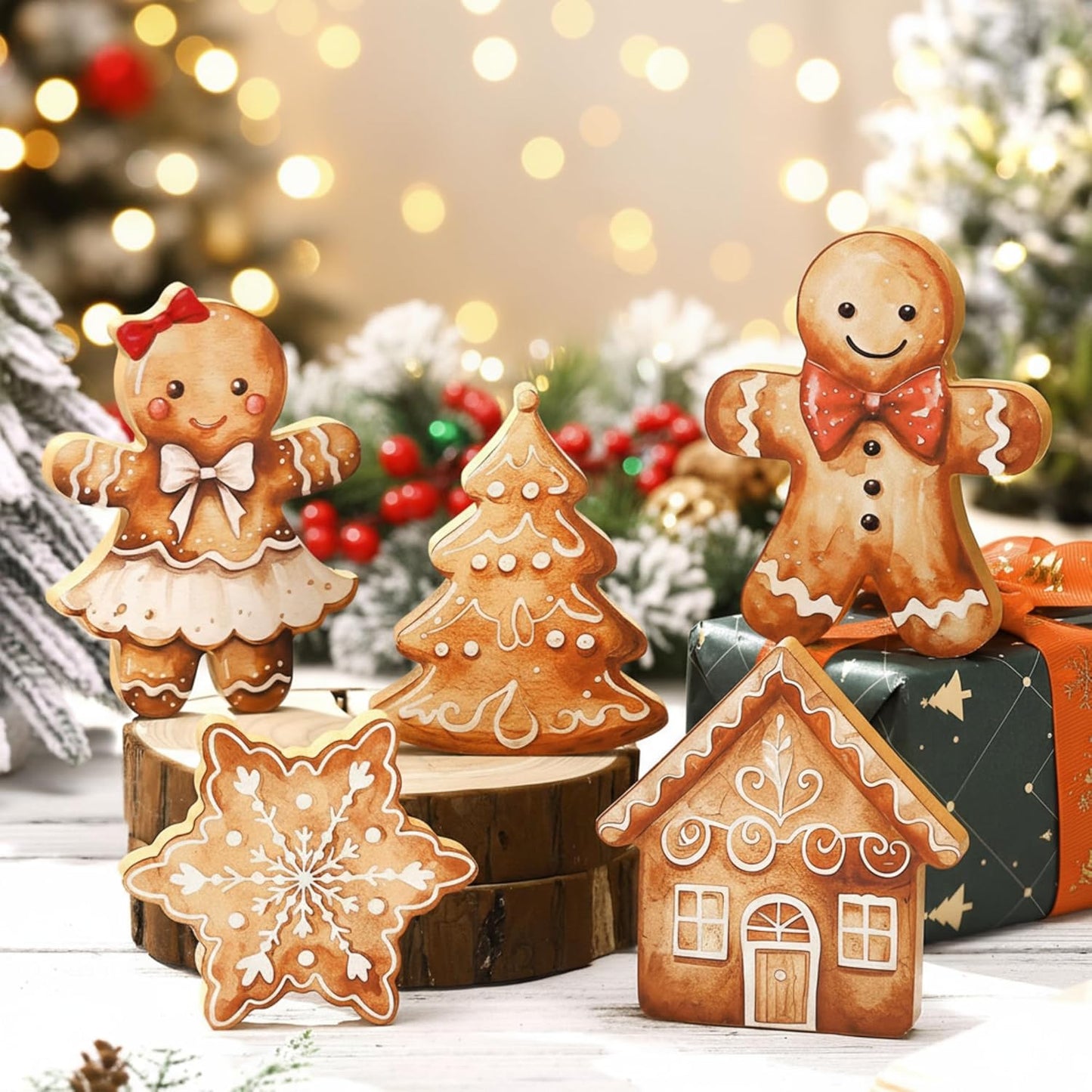 Threehoney Gingerbread Christmas Decorations - 5 Pcs Cute Wooden Table Centerpieces for Home & Office