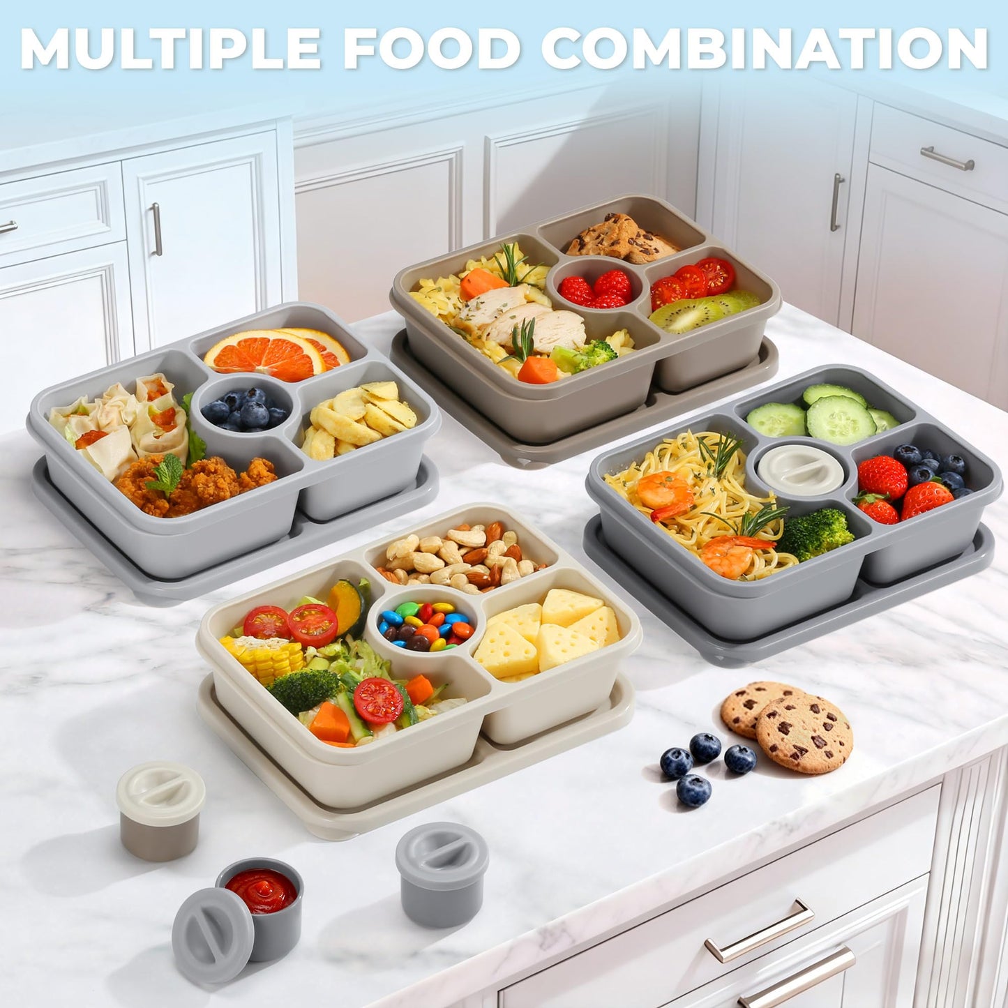 Bento Snack Box Containers, Reusable Meal Prep Lunch Containers for Adults Kids, Stackable Bento Snack Box 4 Pack, Divided Lunchable Food Storage Containers with Sauce Container, Modern Grey