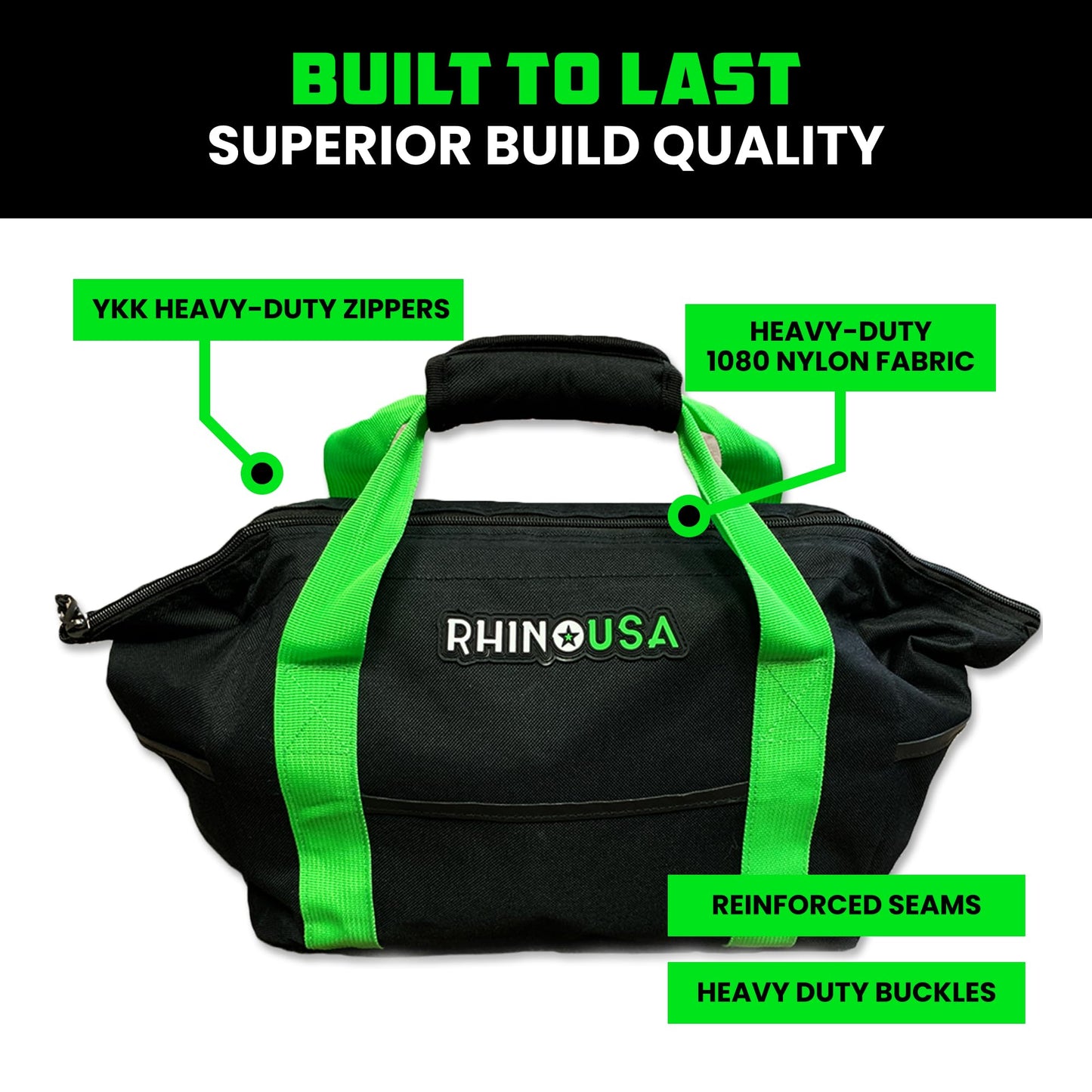 Rhino USA Heavy Duty Recovery Gear Storage Bag - Ultimate Recovery Kit Equipment Bag For Off-Road Gear and 4x4 Accessories - Fits Tow Straps, Shackles, Snatch Block, and UTV Accessories(Green)