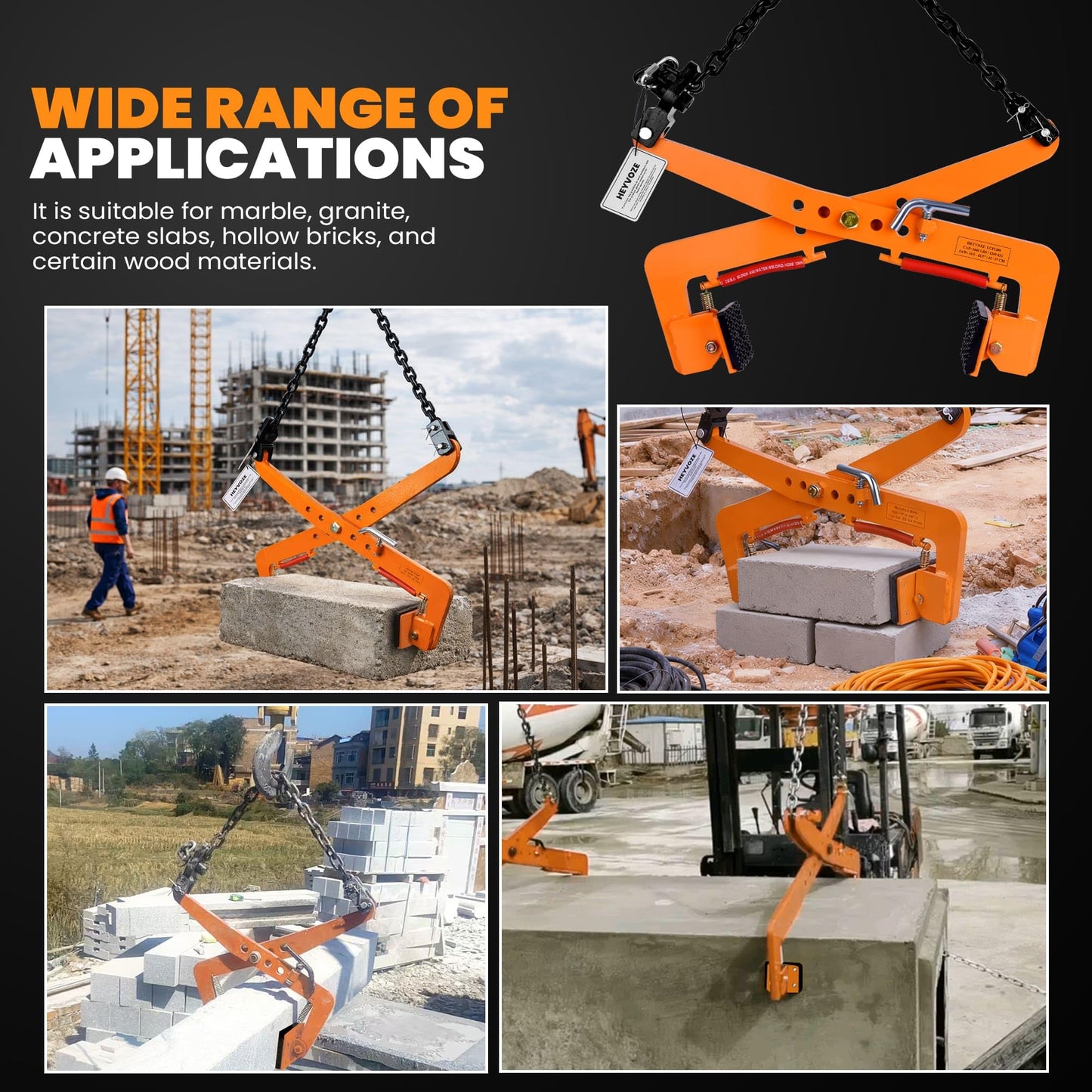 HEYVOZE 2646 lbs Granite Slab Lifting Clamp, Adjustable Range: 16.5"-42.5", Heavy Duty Stone Lifting Clamps for Carrying and Vertical Transport of Marble, Concrete Blocks, Slate Sheets, Curb Stones