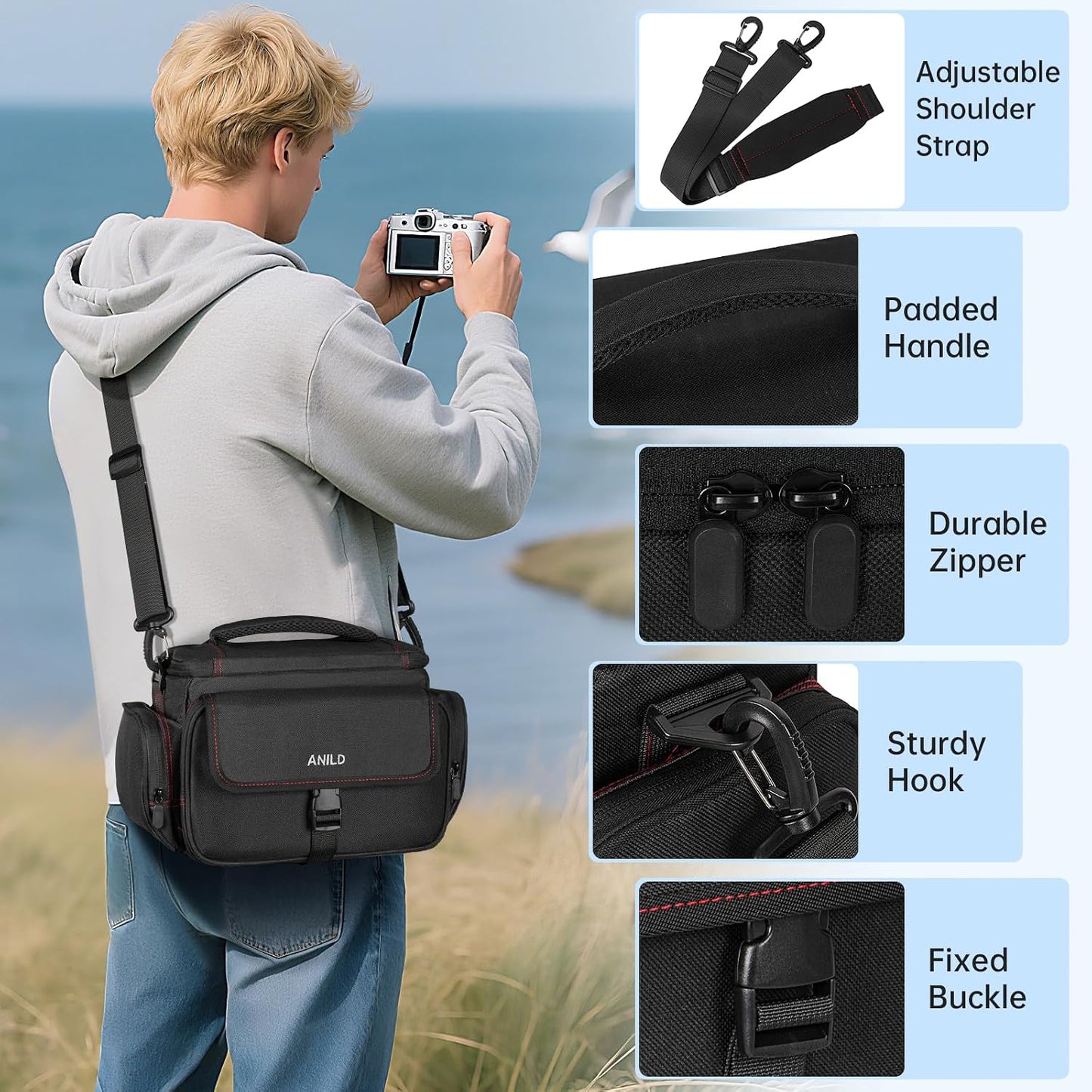 ANILD DSLR Gadget Bag, Crossbody Camera Bag for Photographers, Solid Water-resistant Travel Photography Camera