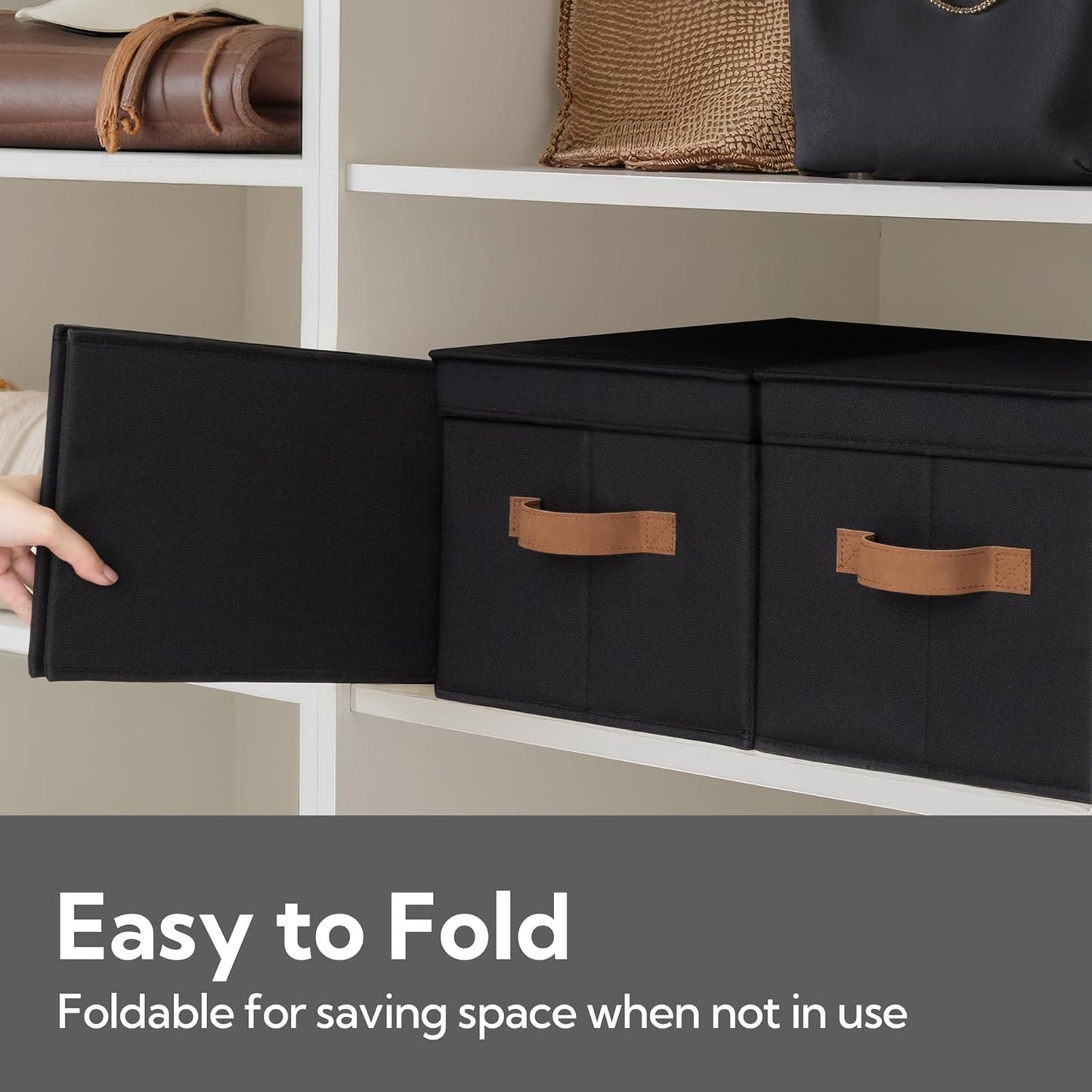 StorageWorks Black Storage Bins - Decorative Foldable Boxes with Lids & PU Handles | Large 3-Pack
