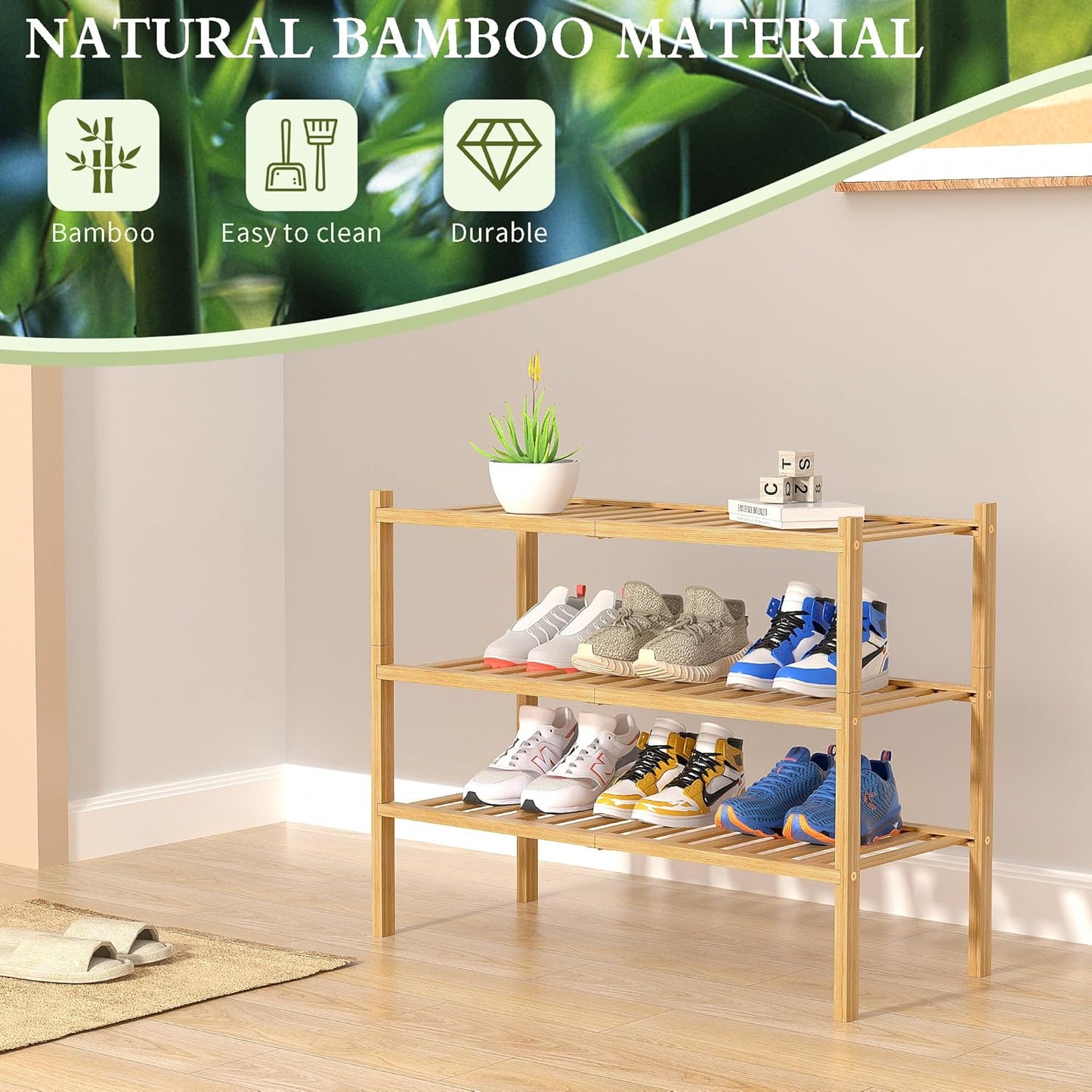 ROMGUAR CRAFT 3-Tier Bamboo Shoe Rack - Stackable Wood Storage Organizer for Small Spaces | 27"x11"x20" (Natural)