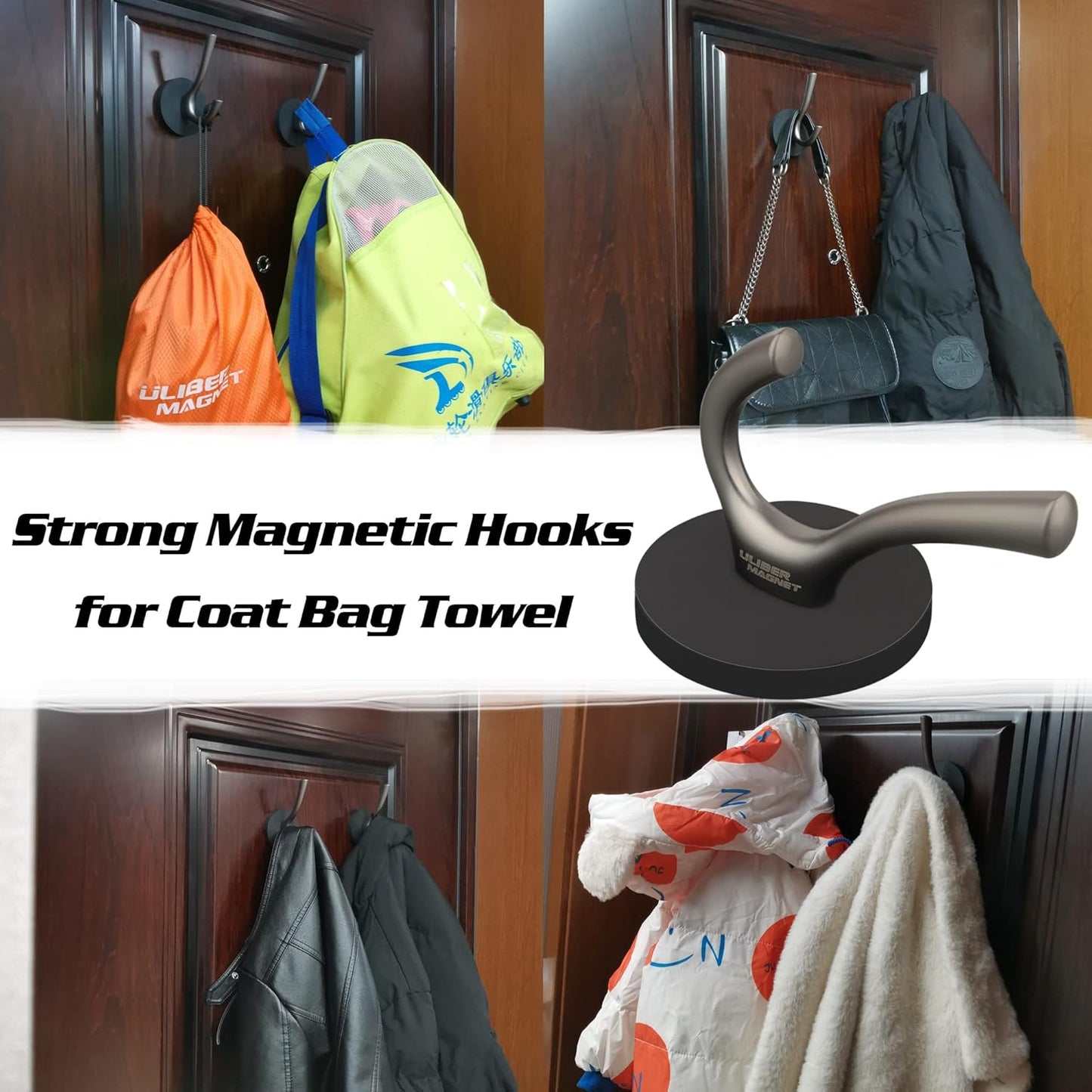 ULIBERMAGNET Strong Magnetic Double Hooks - Heavy Duty Coat Hangers, 2 Pack, Brushed Nickel Finish