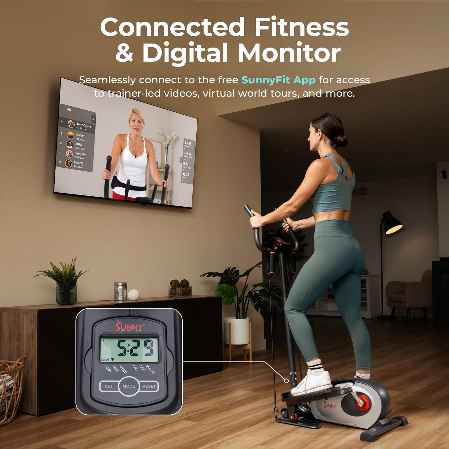Sunny Health & Fitness Smart Compact Elliptical Cross Trainer with Handlebar and Exercise Bands, Magnetic Resistance, Senior Home Workout Machine, Free SunnyFit App Bluetooth Connectivity - SF-E323057