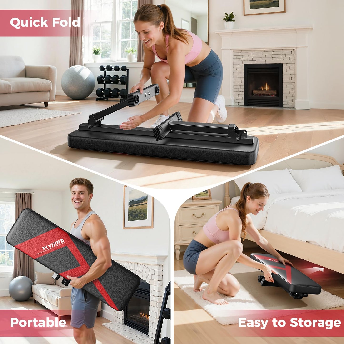 FLYBIRD Foldable Flat Weight Bench For Home Gym, Sturdy Strength Training Workout Bench, Space-saving Bench Press Flat Exercise Bench, Easy to Assemble (A-Red)
