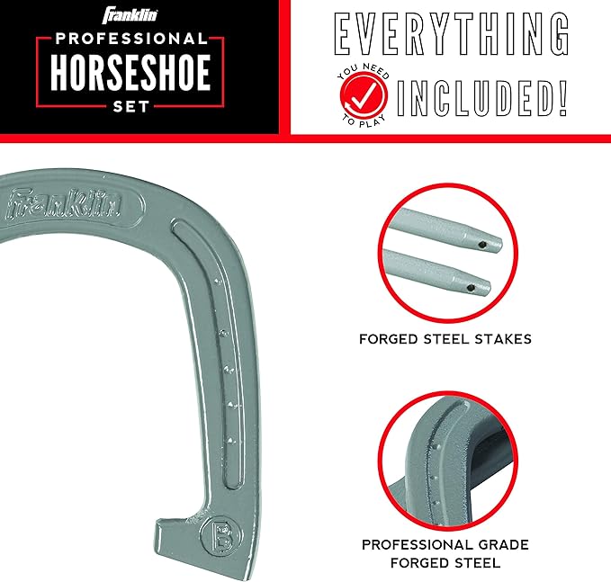 Franklin Sports Horseshoes Sets - Metal Horseshoe Game Sets for Adults + Kids - Official Weight Steel Horseshoes - Beach + Lawn Horseshoes Sets - Sets Include (4) Horseshoes and (2) Ground Stakes