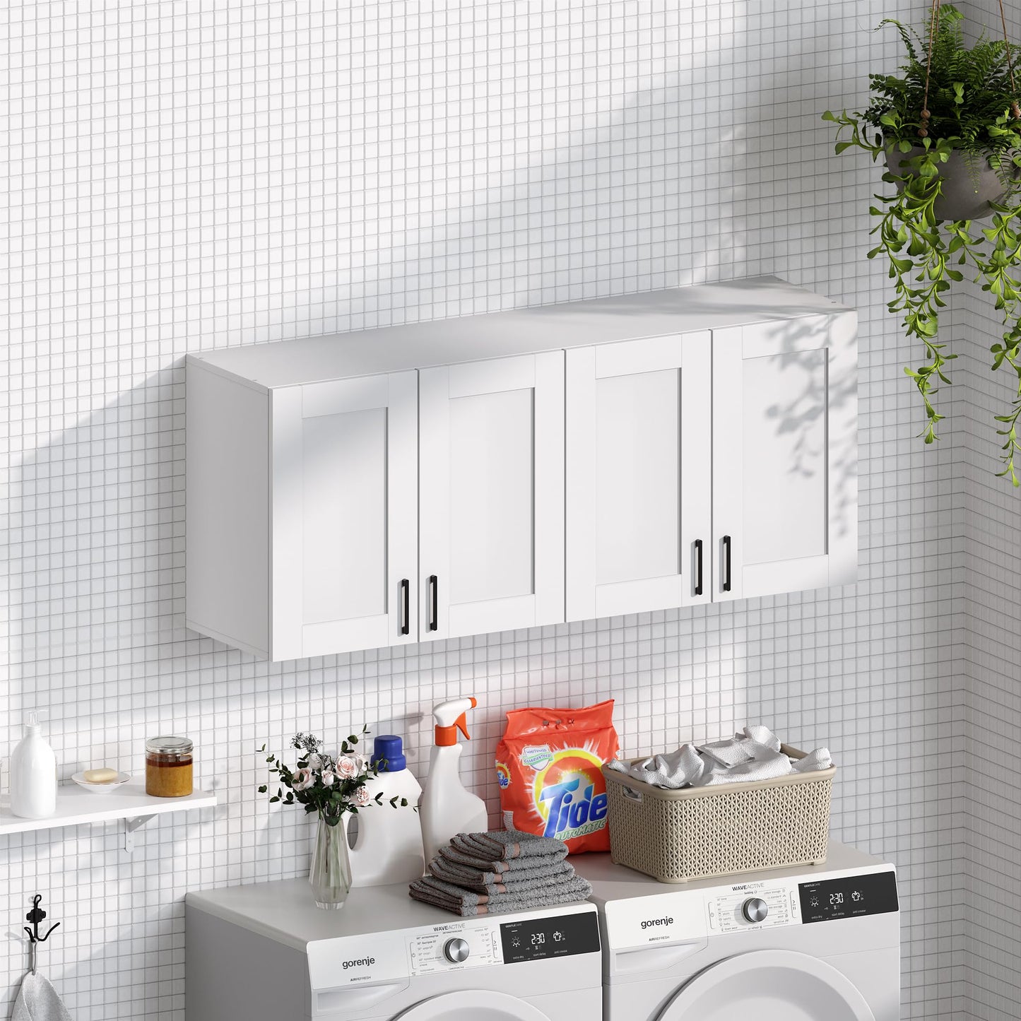White Laundry Room Cabinets and Storage with 4 Doors and Utility Adjustable Shelf，Gabinetes Para Cocina Cupboard Kitchen Organizers and Storage Pantry Wall Mounted 12.4"D x 47.2"W x 19.7"H