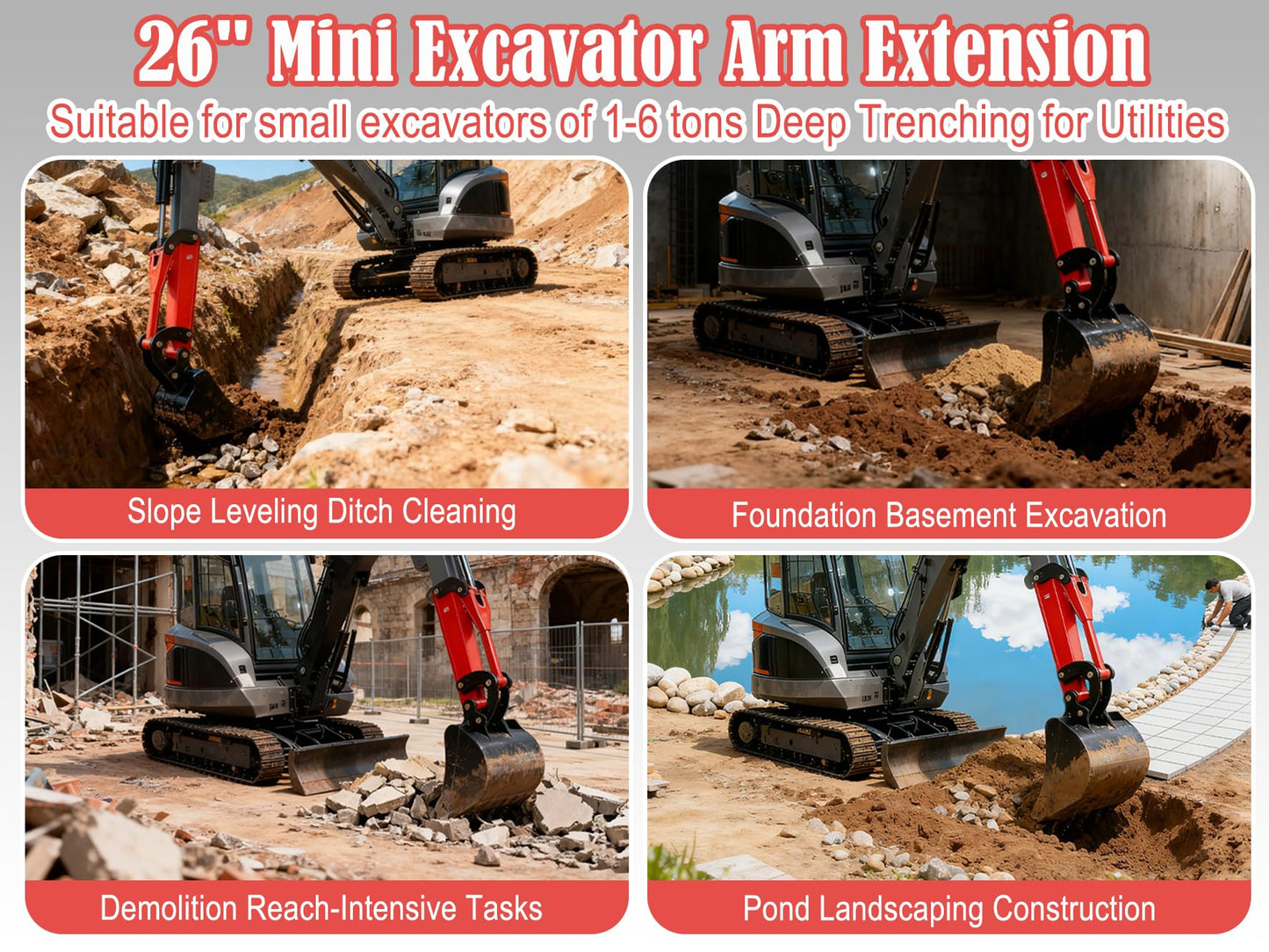 26" Mini Excavator Arm Extension for 0.8-2 Ton Machines Quick Attach Ditch Digging and Trenching Boom Heavy-Duty Steel Construction Mini Excavator Accessories for Extended Reach
