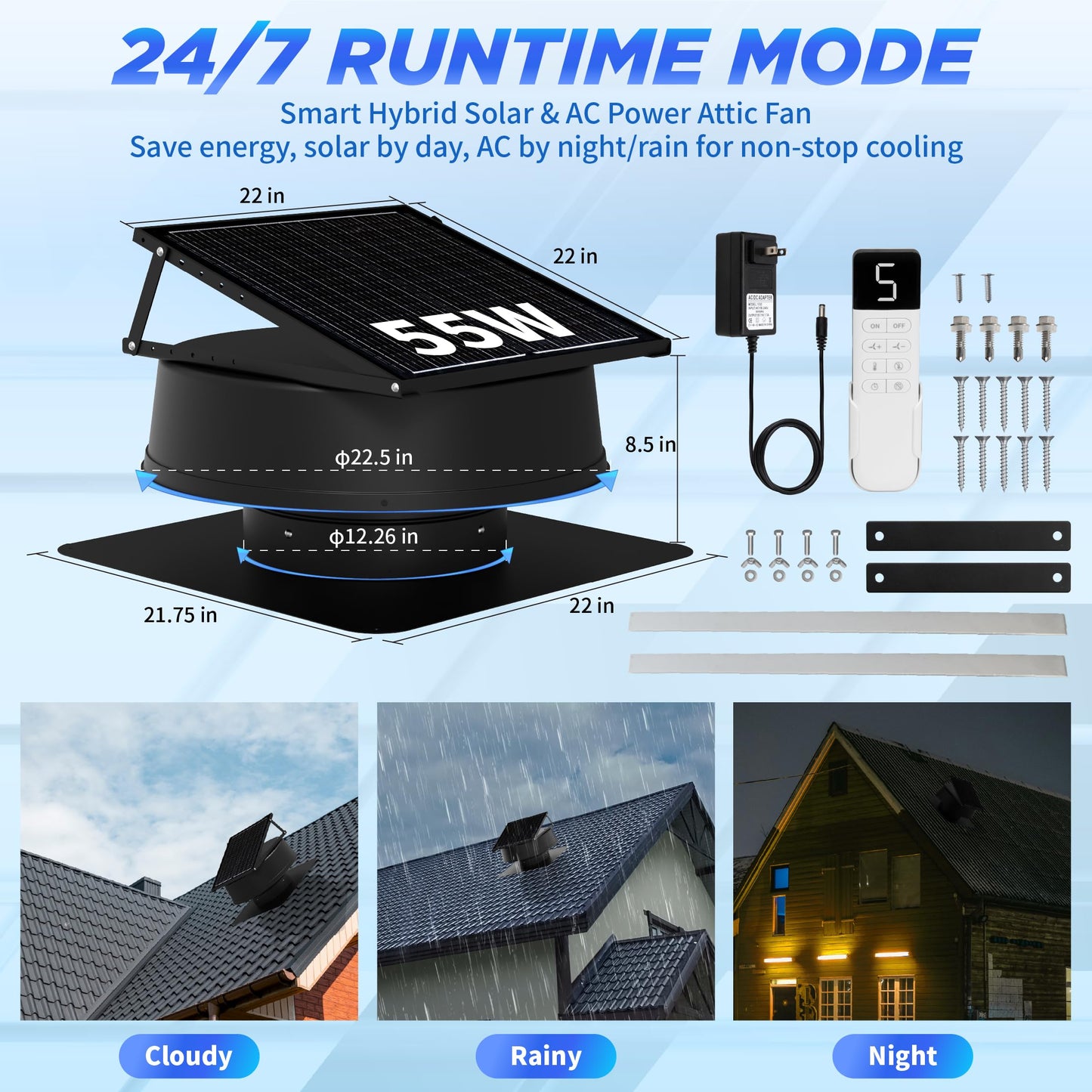 BINGLUX 55W Solar Attic Fan with Thermostat, 12" 1300CFM Hybrid Solar Roof Vent Fan, Brushless Waterproof Solar Powered Attic Exhaust Fan Auto On/Off for Roof, Attic, Garage, Shed, Greenhouse