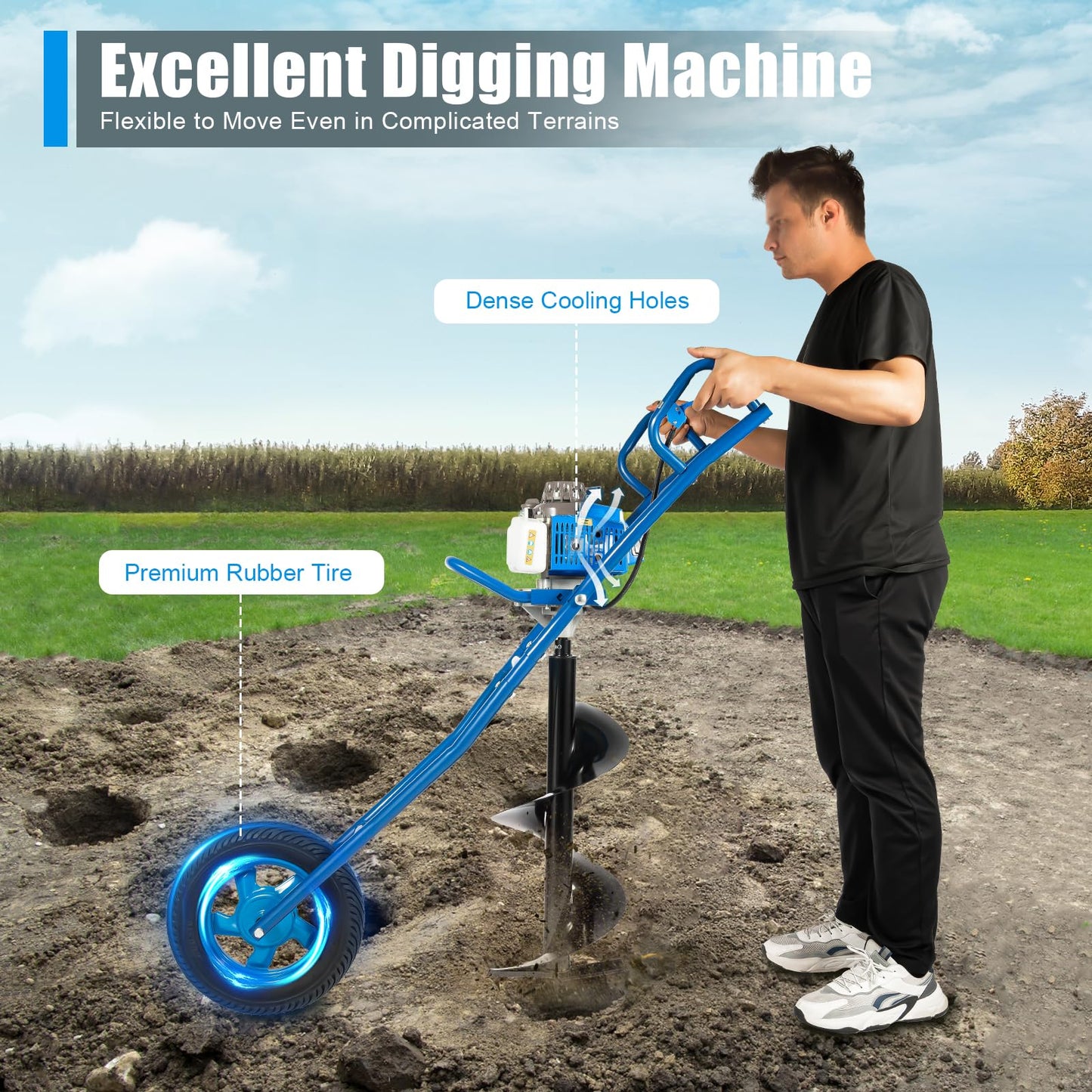 63CC 2-Stroke Post Hole Digger, 3HP Gas Powered Earth Auger Borer Ground Drill Gasoline Earth Auger Wheelbarrow with 11" Bit for Fence Ground Drill Garden Tree Planting (Blue)