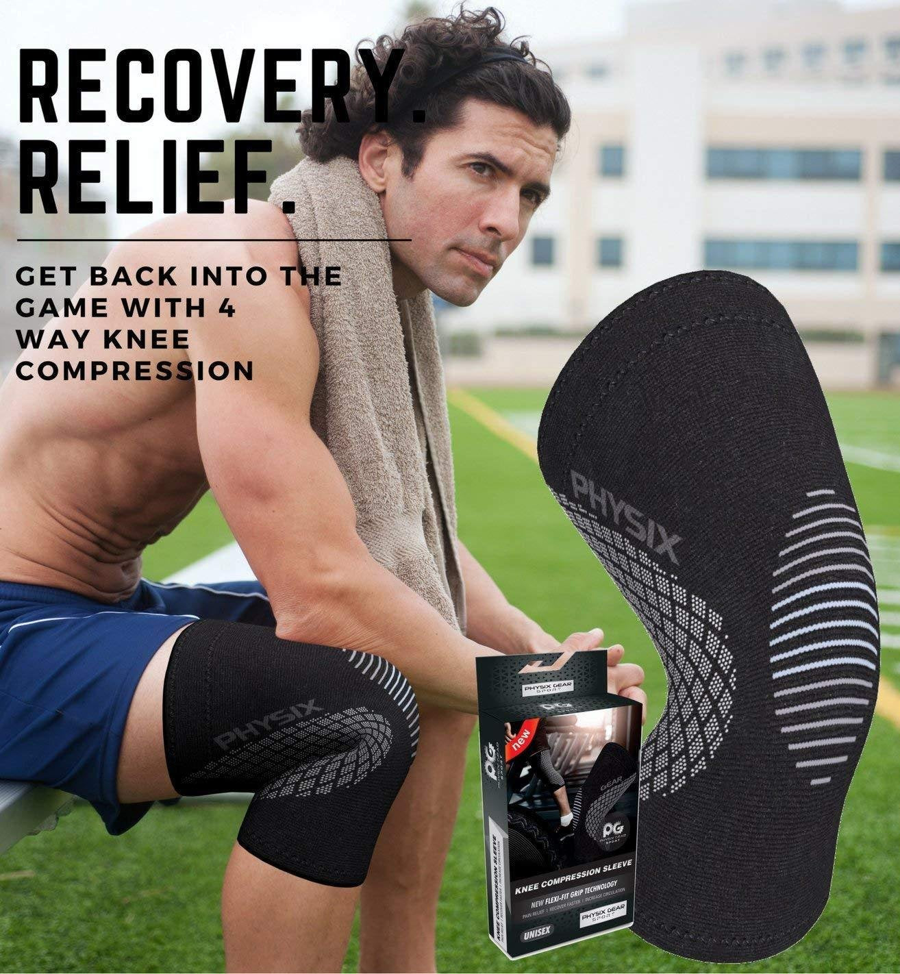 PHYSIX GEAR Knee Support Brace - Premium Recovery & Compression Sleeve for Meniscus Tear, ACL, MCL Running & Arthritis - Best Neoprene Stabilizer Wrap for Crossfit, Squats & Workouts (Single Grey L)
