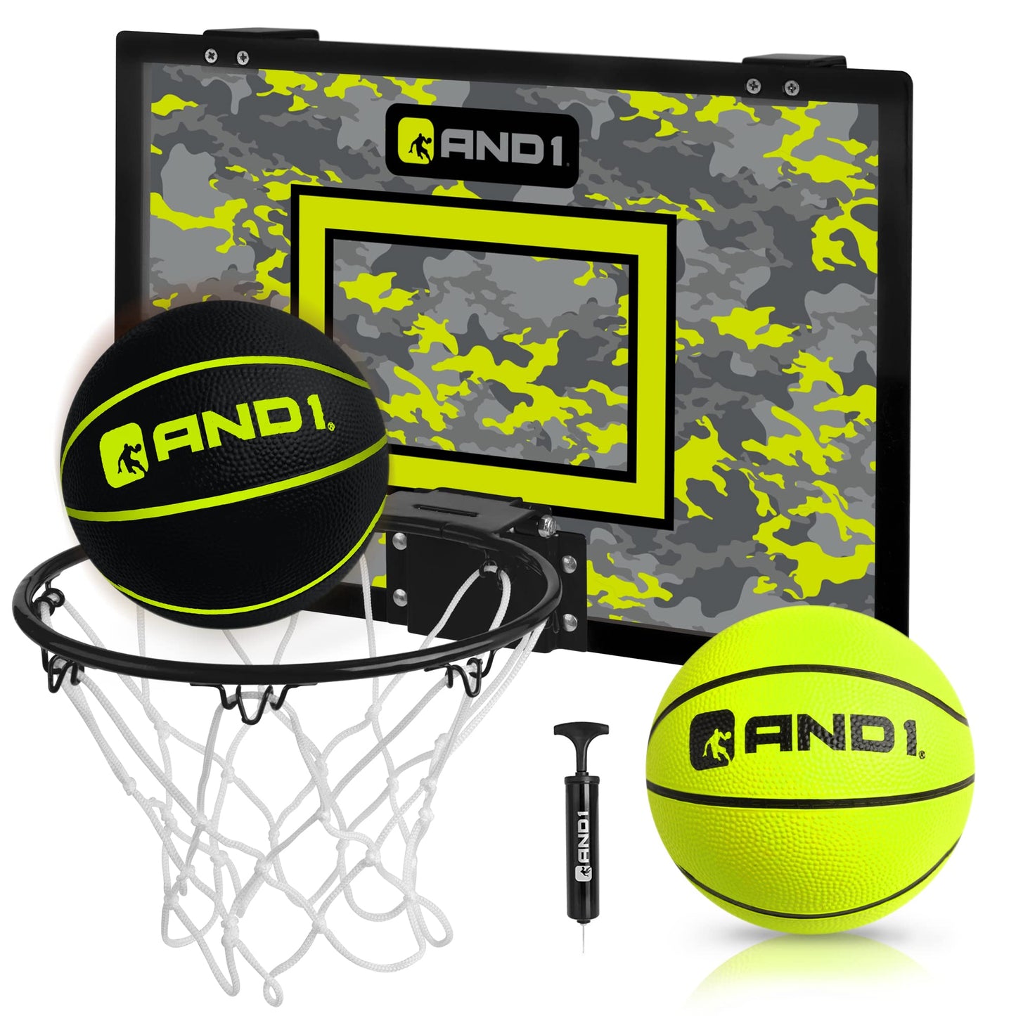 AND1 Over The Door Mini Hoop: - 18”x12” Pre-Assembled Portable Basketball Hoop with Flex Rim, Includes Two Deflated 5” Mini Basketball – Volt/Black (5A1GT0110F0E2)
